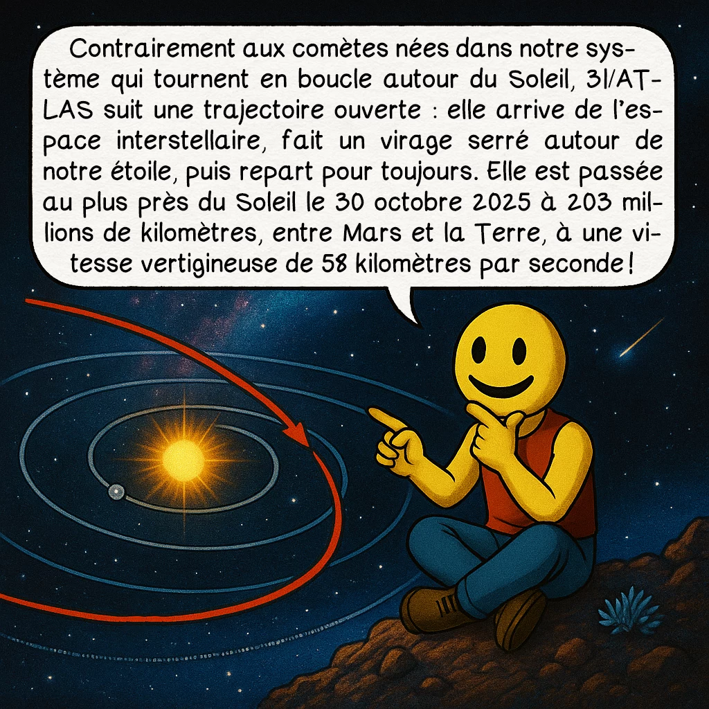3I-ATLAS, case 2 : Contrairement aux comètes nées dans notre système qui tournent en boucle autour du Soleil, 3I/ATLAS suit une trajectoire ouverte : elle arrive de l’espace interstellaire, fait un virage serré autour de notre étoile, puis repart pour toujours. Elle est passée au plus près du Soleil le 30 octobre 2025 à 203 millions de kilomètres, entre Mars et la Terre, à une vitesse vertigineuse de 58 kilomètres par seconde !