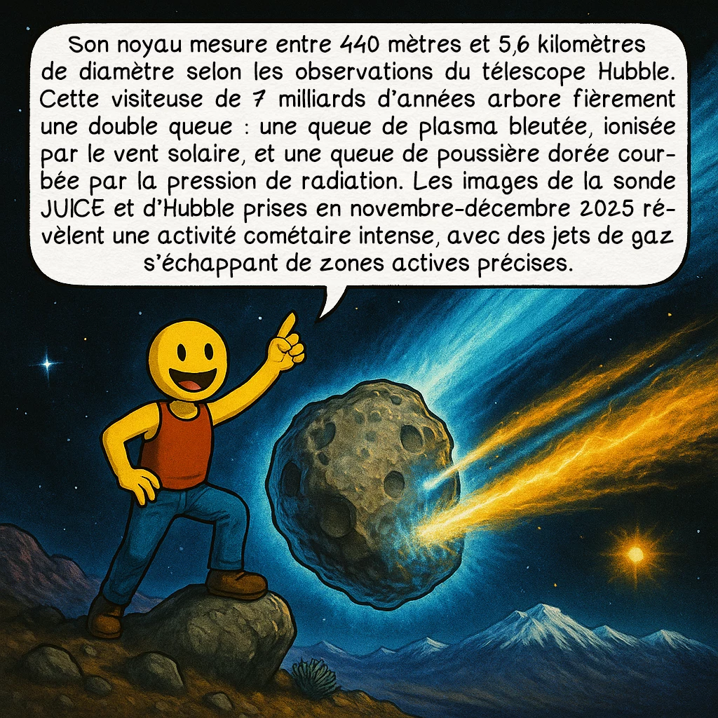 3I-ATLAS, case 3 : Son noyau mesure entre 440 mètres et 5,6 kilomètres de diamètre selon les observations du télescope Hubble. Cette visiteuse de 7 milliards d’années arbore fièrement une double queue : une queue de plasma bleutée, ionisée par le vent solaire, et une queue de poussière dorée courbée par la pression de radiation. Les images de la sonde JUICE et d’Hubble prises en novembre-décembre 2025 révèlent une activité cométaire intense, avec des jets de gaz s’échappant de zones actives précises.