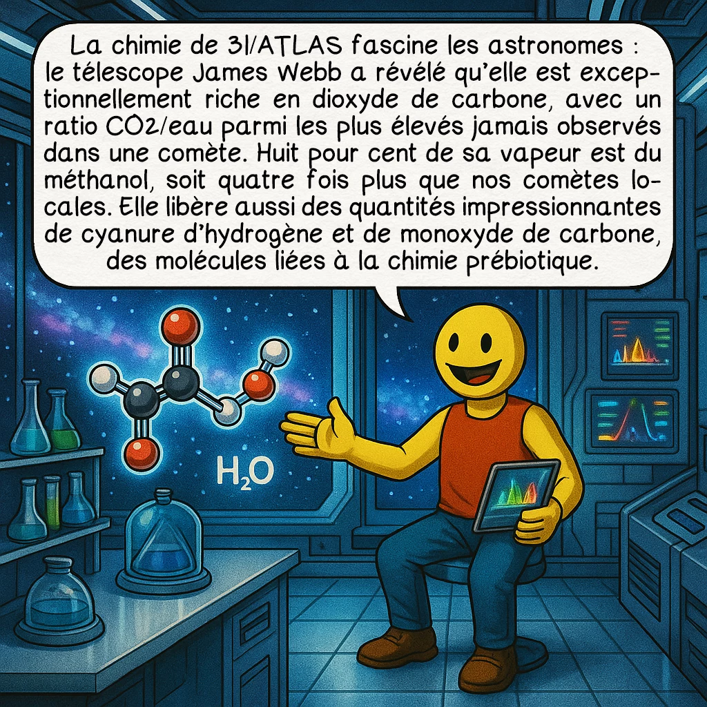 3I-ATLAS, case 4 : La chimie de 3I/ATLAS fascine les astronomes : le télescope James Webb a révélé qu’elle est exceptionnellement riche en dioxyde de carbone, avec un ratio CO2/eau parmi les plus élevés jamais observés dans une comète. Huit pour cent de sa vapeur est du méthanol, soit quatre fois plus que nos comètes locales. Elle libère aussi des quantités impressionnantes de cyanure d’hydrogène et de monoxyde de carbone, des molécules liées à la chimie prébiotique.