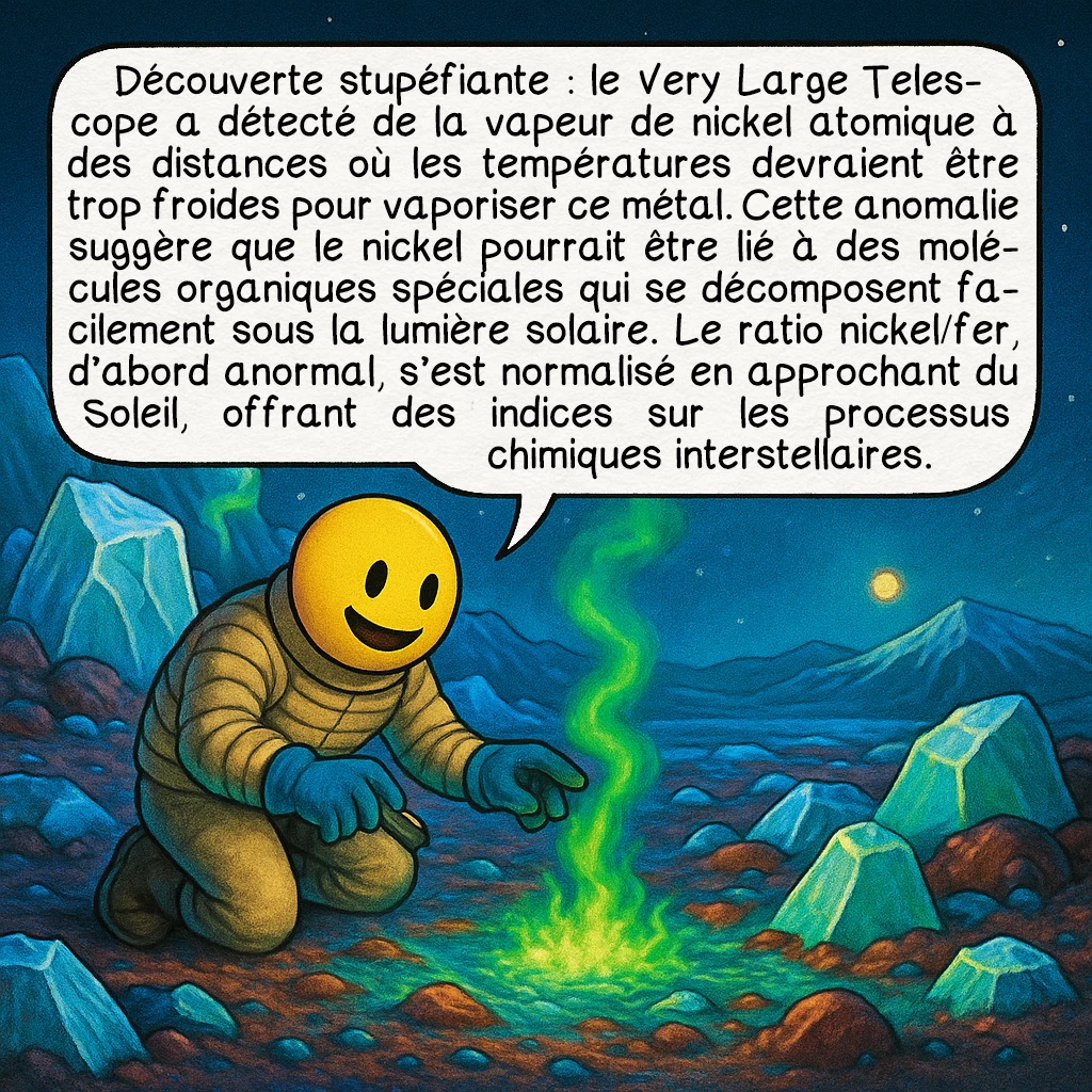 3I-ATLAS, case 5 : Découverte stupéfiante : le Very Large Telescope a détecté de la vapeur de nickel atomique à des distances où les températures devraient être trop froides pour vaporiser ce métal. Cette anomalie suggère que le nickel pourrait être lié à des molécules organiques spéciales qui se décomposent facilement sous la lumière solaire. Le ratio nickel/fer, d’abord anormal, s’est normalisé en approchant du Soleil, offrant des indices sur les processus chimiques interstellaires.
