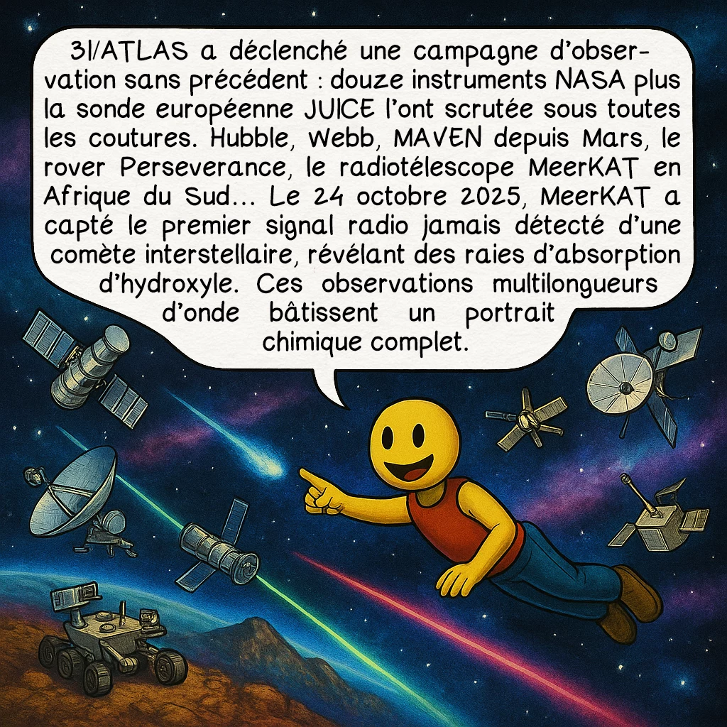 3I-ATLAS, case 6 : 3I/ATLAS a déclenché une campagne d’observation sans précédent : douze instruments NASA plus la sonde européenne JUICE l’ont scrutée sous toutes les coutures. Hubble, Webb, MAVEN depuis Mars, le rover Perseverance, le radiotélescope MeerKAT en Afrique du Sud… Le 24 octobre 2025, MeerKAT a capté le premier signal radio jamais détecté d’une comète interstellaire, révélant des raies d’absorption d’hydroxyle. Ces observations multilongueurs d’onde bâtissent un portrait chimique complet.