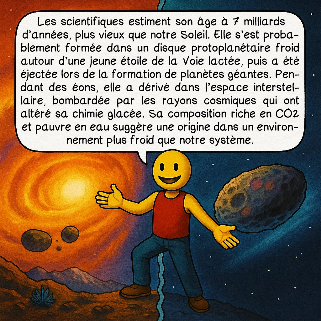 3I-ATLAS, case 7 : Les scientifiques estiment son âge à 7 milliards d’années, plus vieux que notre Soleil. Elle s’est probablement formée dans un disque protoplanétaire froid autour d’une jeune étoile de la Voie lactée, puis a été éjectée lors de la formation de planètes géantes. Pendant des éons, elle a dérivé dans l’espace interstellaire, bombardée par les rayons cosmiques qui ont altéré sa chimie glacée. Sa composition riche en CO2 et pauvre en eau suggère une origine dans un environnement plus froid que notre système.