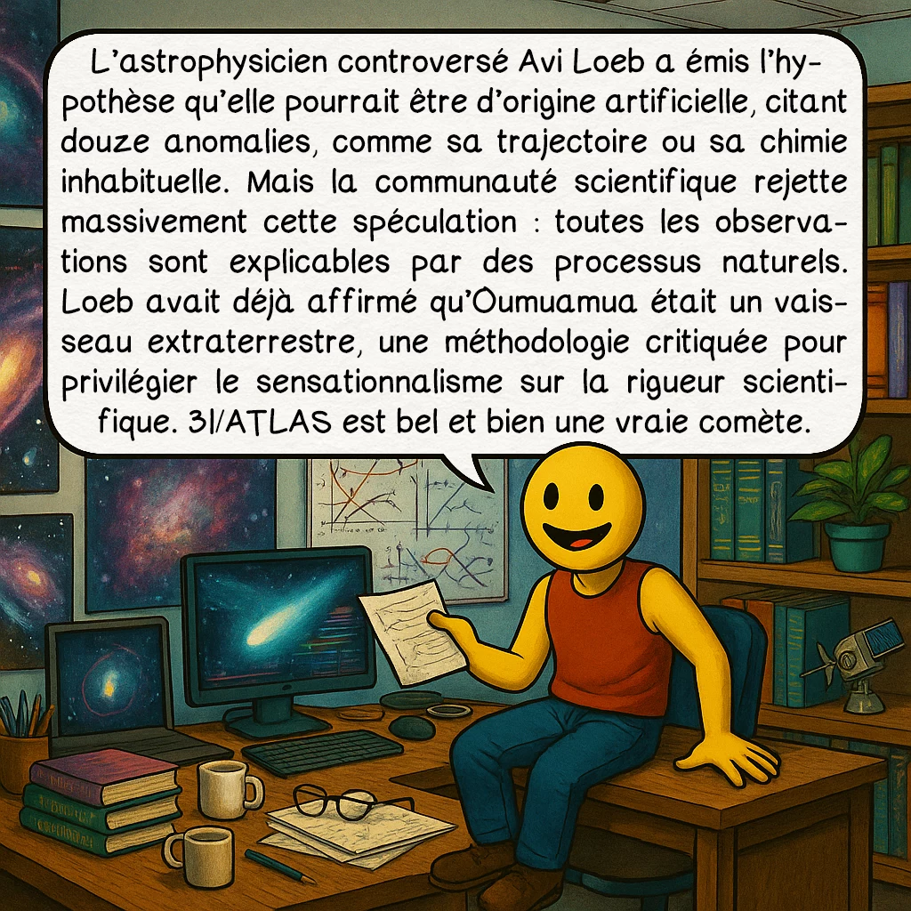 3I-ATLAS, case 8 : L’astrophysicien controversé Avi Loeb a émis l’hypothèse qu’elle pourrait être d’origine artificielle, citant douze anomalies, comme sa trajectoire ou sa chimie inhabituelle. Mais la communauté scientifique rejette massivement cette spéculation : toutes les observations sont explicables par des processus naturels. Loeb avait déjà affirmé qu’Oumuamua était un vaisseau extraterrestre, une méthodologie critiquée pour privilégier le sensationnalisme sur la rigueur scientifique. 3I/ATLAS est bel et bien une vraie comète.
