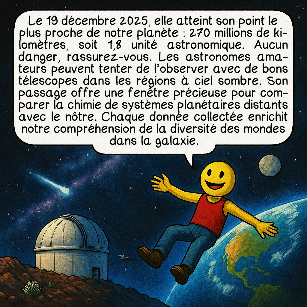 3I-ATLAS, case 9 : Le 19 décembre 2025, elle atteint son point le plus proche de notre planète : 270 millions de kilomètres, soit 1,8 unité astronomique. Aucun danger, rassurez-vous. Les astronomes amateurs peuvent tenter de l’observer avec de bons télescopes dans les régions à ciel sombre. Son passage offre une fenêtre précieuse pour comparer la chimie de systèmes planétaires distants avec le nôtre. Chaque donnée collectée enrichit notre compréhension de la diversité des mondes dans la galaxie.