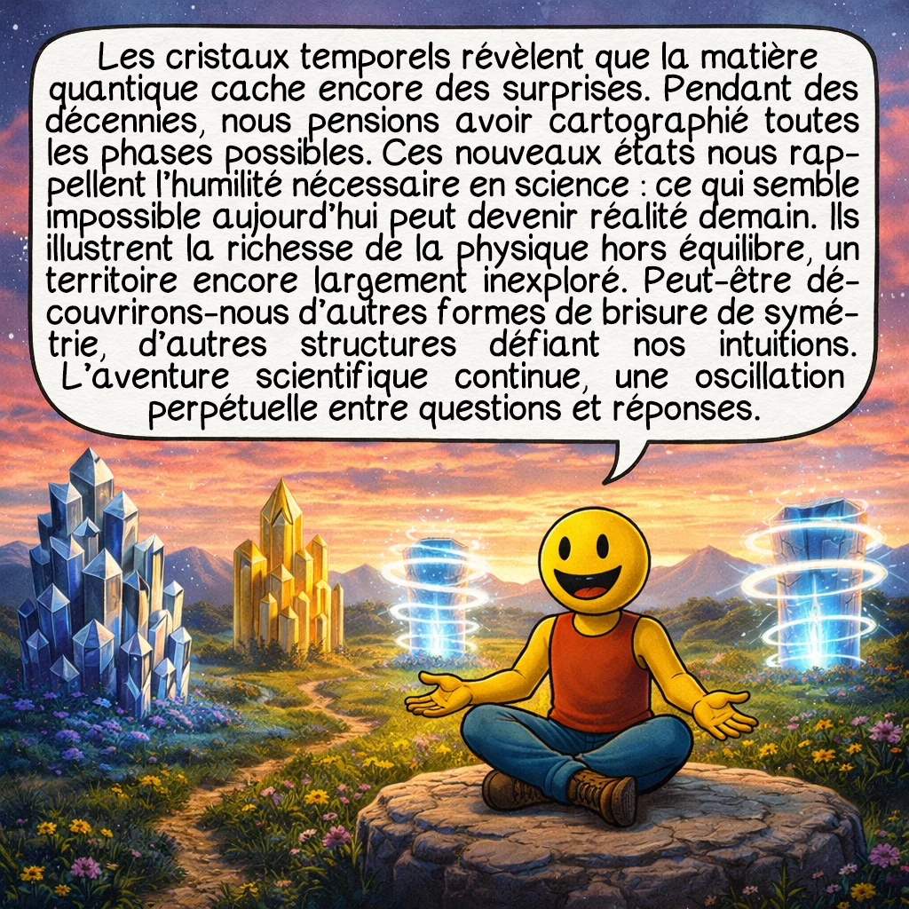 Les cristaux temporels, case 10 : Les cristaux temporels révèlent que la matière quantique cache encore des surprises. Pendant des décennies, nous pensions avoir cartographié toutes les phases possibles. Ces nouveaux états nous rappellent l’humilité nécessaire en science : ce qui semble impossible aujourd’hui peut devenir réalité demain. Ils illustrent la richesse de la physique hors équilibre, un territoire encore largement inexploré. Peut-être découvrirons-nous d’autres formes de brisure de symétrie, d’autres structures défiant nos intuitions. L’aventure scientifique continue, une oscillation perpétuelle entre questions et réponses.