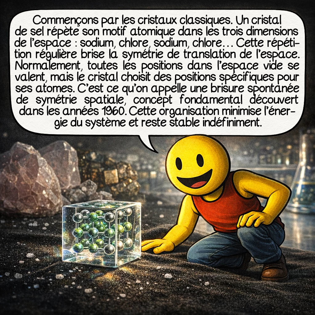 Les cristaux temporels, case 2 : Commençons par les cristaux classiques. Un cristal de sel répète son motif atomique dans les trois dimensions de l’espace : sodium, chlore, sodium, chlore… Cette répétition régulière brise la symétrie de translation de l’espace. Normalement, toutes les positions dans l’espace vide se valent, mais le cristal choisit des positions spécifiques pour ses atomes. C’est ce qu’on appelle une brisure spontanée de symétrie spatiale, concept fondamental découvert dans les années 1960. Cette organisation minimise l’énergie du système et reste stable indéfiniment.