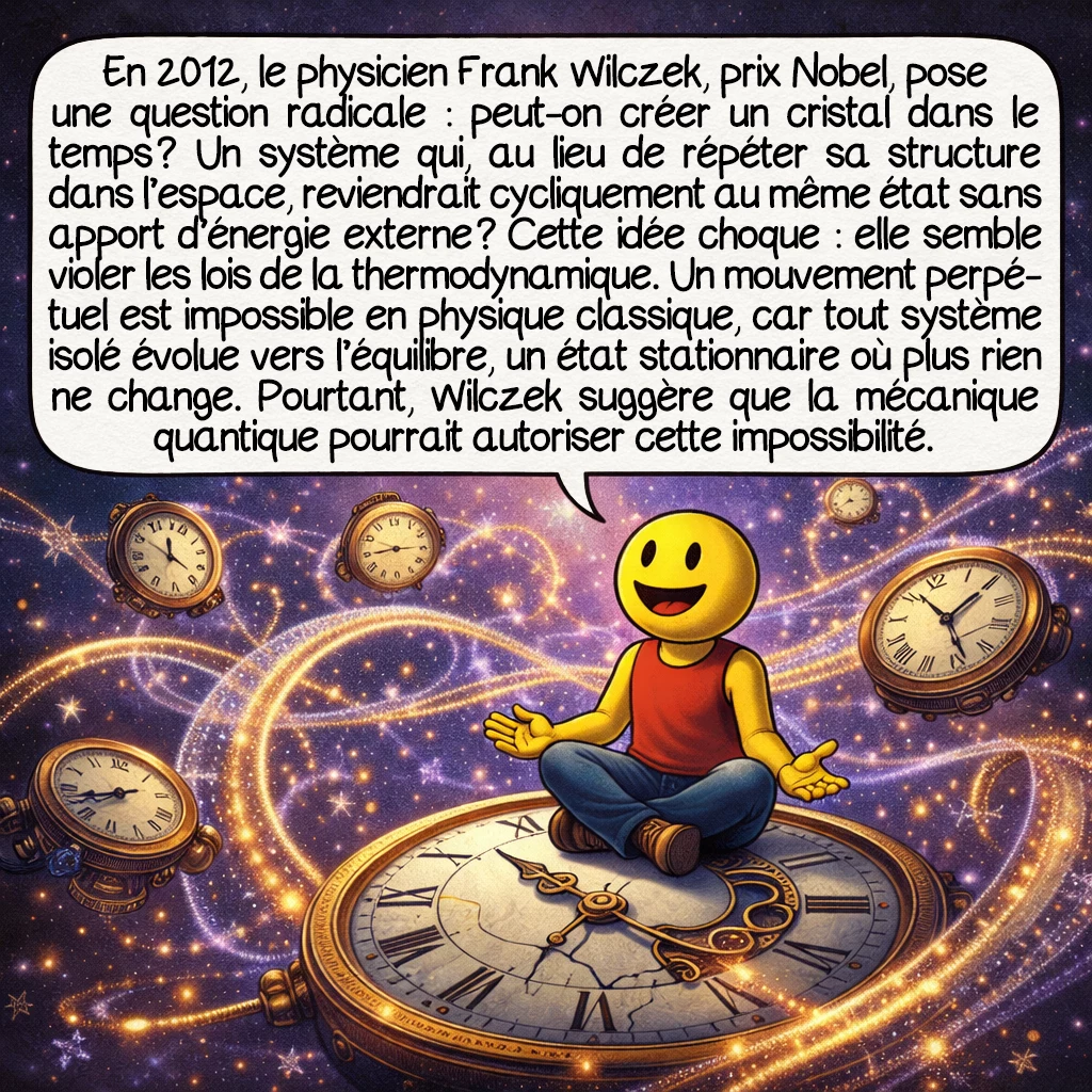 Les cristaux temporels, case 3 : En 2012, le physicien Frank Wilczek, prix Nobel, pose une question radicale : peut-on créer un cristal dans le temps ? Un système qui, au lieu de répéter sa structure dans l’espace, reviendrait cycliquement au même état sans apport d’énergie externe ? Cette idée choque : elle semble violer les lois de la thermodynamique. Un mouvement perpétuel est impossible en physique classique, car tout système isolé évolue vers l’équilibre, un état stationnaire où plus rien ne change. Pourtant, Wilczek suggère que la mécanique quantique pourrait autoriser cette impossibilité.