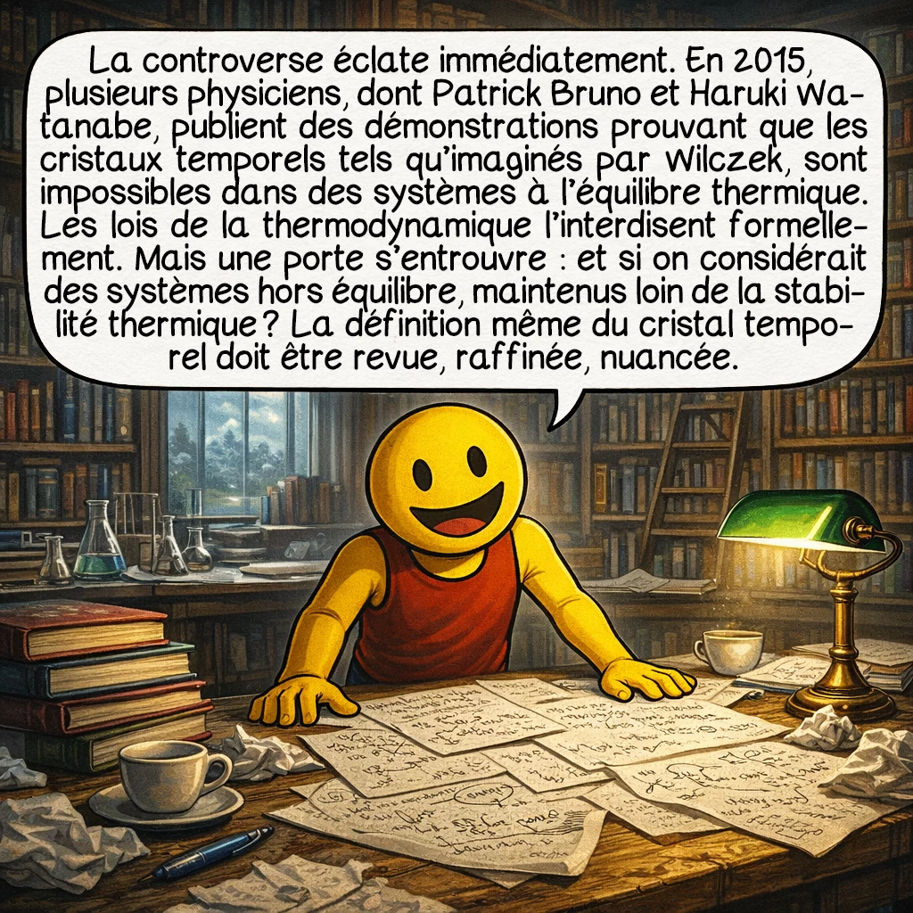 Les cristaux temporels, case 4 : La controverse éclate immédiatement. En 2015, plusieurs physiciens, dont Patrick Bruno et Haruki Watanabe, publient des démonstrations prouvant que les cristaux temporels tels qu’imaginés par Wilczek, sont impossibles dans des systèmes à l’équilibre thermique. Les lois de la thermodynamique l’interdisent formellement. Mais une porte s’entrouvre : et si on considérait des systèmes hors équilibre, maintenus loin de la stabilité thermique ? La définition même du cristal temporel doit être revue, raffinée, nuancée.