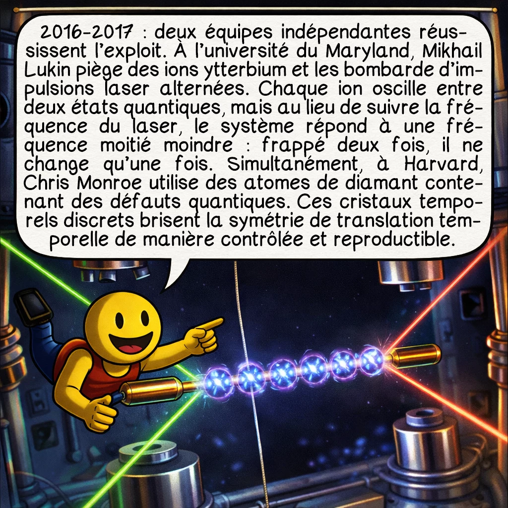 Les cristaux temporels, case 5 : 2016-2017 : deux équipes indépendantes réussissent l’exploit. À l’université du Maryland, Mikhail Lukin piège des ions ytterbium et les bombarde d’impulsions laser alternées. Chaque ion oscille entre deux états quantiques, mais au lieu de suivre la fréquence du laser, le système répond à une fréquence moitié moindre : frappé deux fois, il ne change qu’une fois. Simultanément, à Harvard, Chris Monroe utilise des atomes de diamant contenant des défauts quantiques. Ces cristaux temporels discrets brisent la symétrie de translation temporelle de manière contrôlée et reproductible.