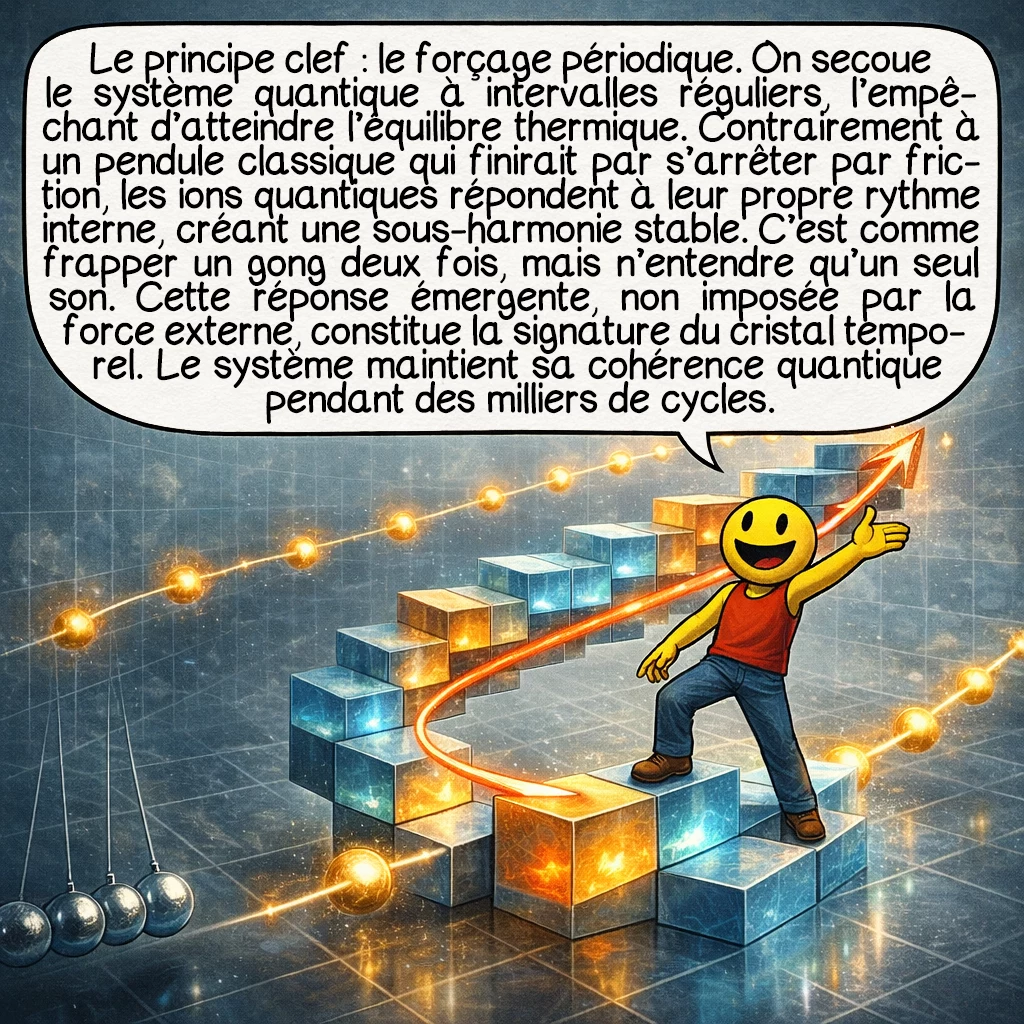 Les cristaux temporels, case 6 : Le principe clef : le forçage périodique. On secoue le système quantique à intervalles réguliers, l’empêchant d’atteindre l’équilibre thermique. Contrairement à un pendule classique qui finirait par s’arrêter par friction, les ions quantiques répondent à leur propre rythme interne, créant une sous-harmonie stable. C’est comme frapper un gong deux fois, mais n’entendre qu’un seul son. Cette réponse émergente, non imposée par la force externe, constitue la signature du cristal temporel. Le système maintient sa cohérence quantique pendant des milliers de cycles.