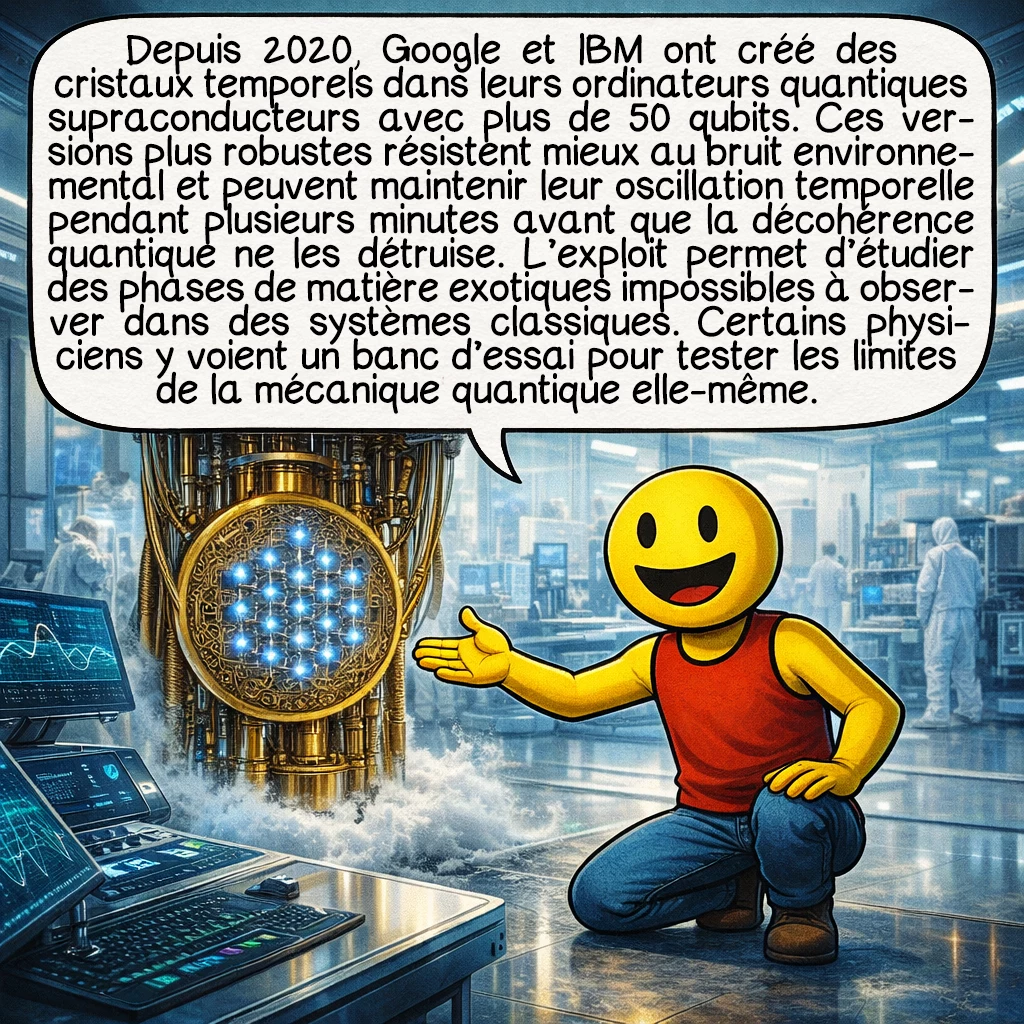 Les cristaux temporels, case 7 : Depuis 2020, Google et IBM ont créé des cristaux temporels dans leurs ordinateurs quantiques supraconducteurs avec plus de 50 qubits. Ces versions plus robustes résistent mieux au bruit environnemental et peuvent maintenir leur oscillation temporelle pendant plusieurs minutes avant que la décohérence quantique ne les détruise. L’exploit permet d’étudier des phases de matière exotiques impossibles à observer dans des systèmes classiques. Certains physiciens y voient un banc d’essai pour tester les limites de la mécanique quantique elle-même.