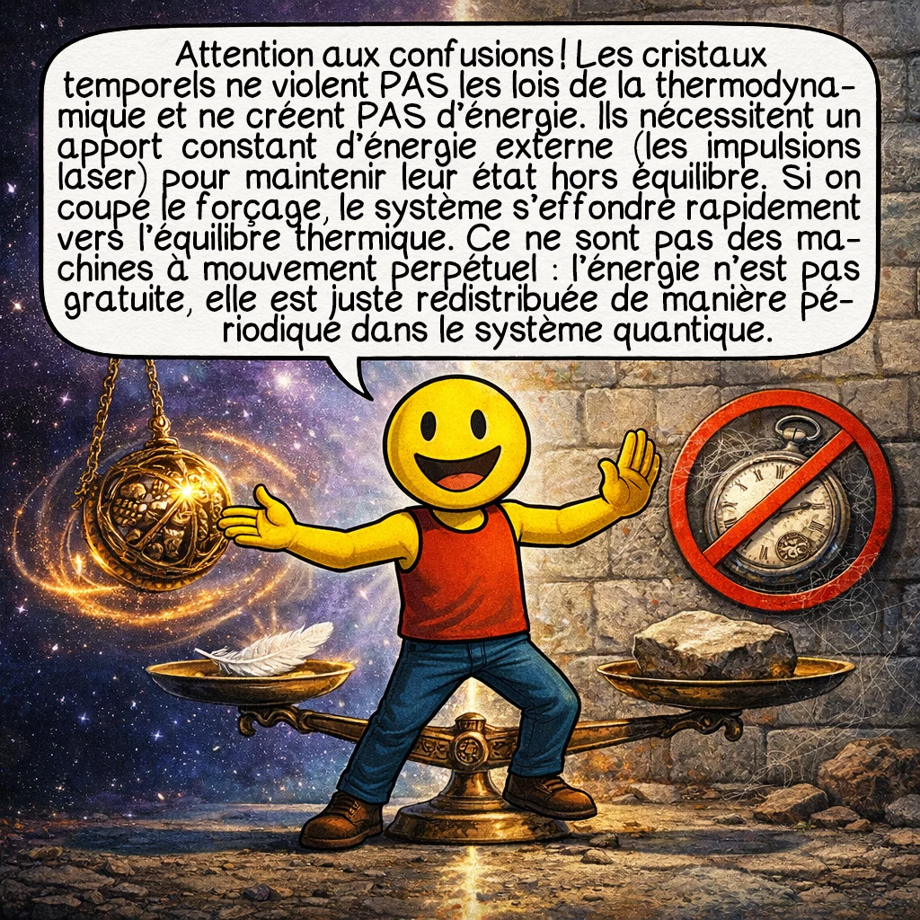 Les cristaux temporels, case 8 : Attention aux confusions ! Les cristaux temporels ne violent PAS les lois de la thermodynamique et ne créent PAS d’énergie. Ils nécessitent un apport constant d’énergie externe (les impulsions laser) pour maintenir leur état hors équilibre. Si on coupe le forçage, le système s’effondre rapidement vers l’équilibre thermique. Ce ne sont pas des machines à mouvement perpétuel : l’énergie n’est pas gratuite, elle est juste redistribuée de manière périodique dans le système quantique. Le caractère remarquable réside dans la stabilité de la réponse sous-harmonique.