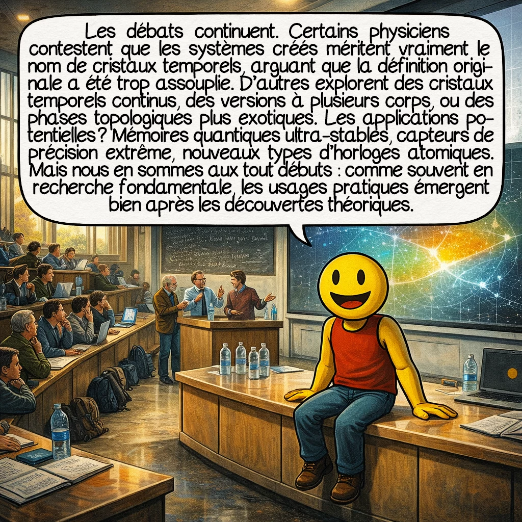 Les cristaux temporels, case 9 : Les débats continuent. Certains physiciens contestent que les systèmes créés méritent vraiment le nom de cristaux temporels, arguant que la définition originale a été trop assouplie. D’autres explorent des cristaux temporels continus, des versions à plusieurs corps, ou des phases topologiques plus exotiques. Les applications potentielles ? Mémoires quantiques ultra-stables, capteurs de précision extrême, nouveaux types d’horloges atomiques. Mais nous en sommes aux tout débuts : comme souvent en recherche fondamentale, les usages pratiques émergent bien après les découvertes théoriques.