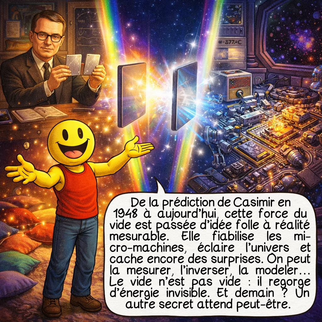 L’effet Casimir, case 10 : De la prédiction de Casimir en 1948 à nos jours, cette force du vide est passée d’une idée folle à une réalité mesurable et utilisable. Elle nous aide à construire des micro-machines plus fiables, nous apprend des choses sur l’univers, et nous réserve encore des surprises ! On peut maintenant la mesurer, l’inverser, la sculpter… Le vide n’est définitivement pas vide : il grouille d’énergie invisible ! Et qui sait ce qu’on découvrira demain ? Peut-être que vous, un jour, trouverez un nouveau secret caché dans ce vide… si plein !