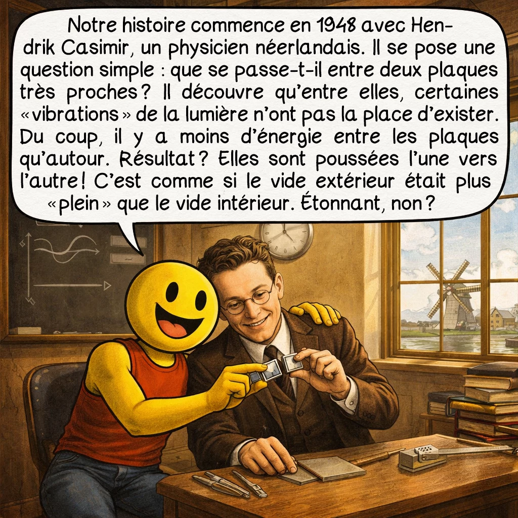 L’effet Casimir, case 2 : Notre histoire commence en 1948 avec Hendrik Casimir, un physicien néerlandais. Il se pose une question simple : que se passe-t-il entre deux plaques très proches ? Il découvre qu’entre elles, certaines « vibrations » de la lumière n’ont pas la place d’exister. Du coup, il y a moins d’énergie entre les plaques qu’autour. Résultat ? Elles sont poussées l’une vers l’autre ! C’est comme si le vide extérieur était plus « plein » que le vide intérieur. Étonnant, non ?