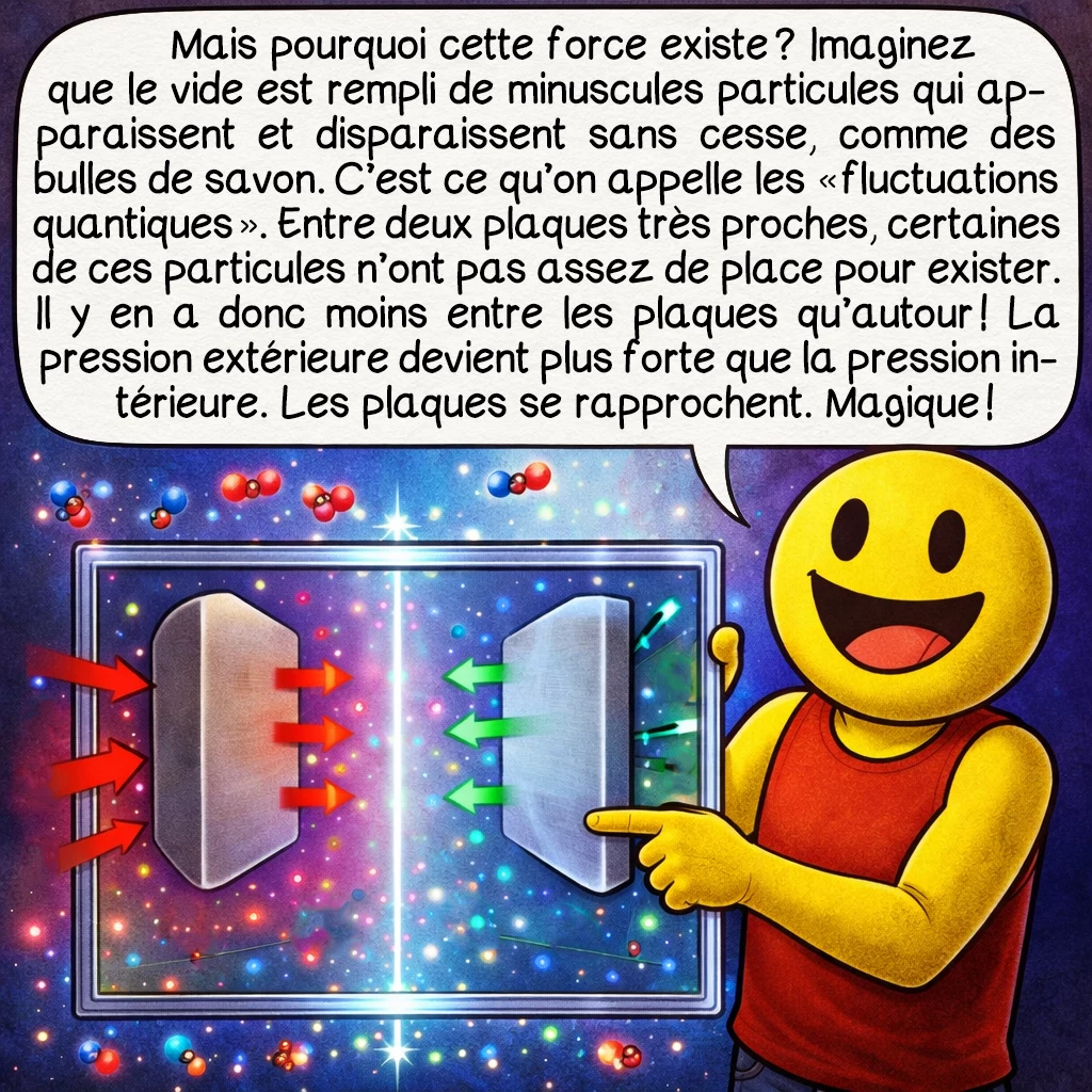 L’effet Casimir, case 3 : Mais pourquoi cette force existe ? Imaginez que le vide est rempli de minuscules particules qui apparaissent et disparaissent sans cesse, comme des bulles de savon. C’est ce qu’on appelle les « fluctuations quantiques ». Entre deux plaques très proches, certaines de ces particules n’ont pas assez de place pour exister. Il y en a donc moins entre les plaques qu’autour ! La pression extérieure devient plus forte que la pression intérieure. Les plaques se rapprochent. Magique !