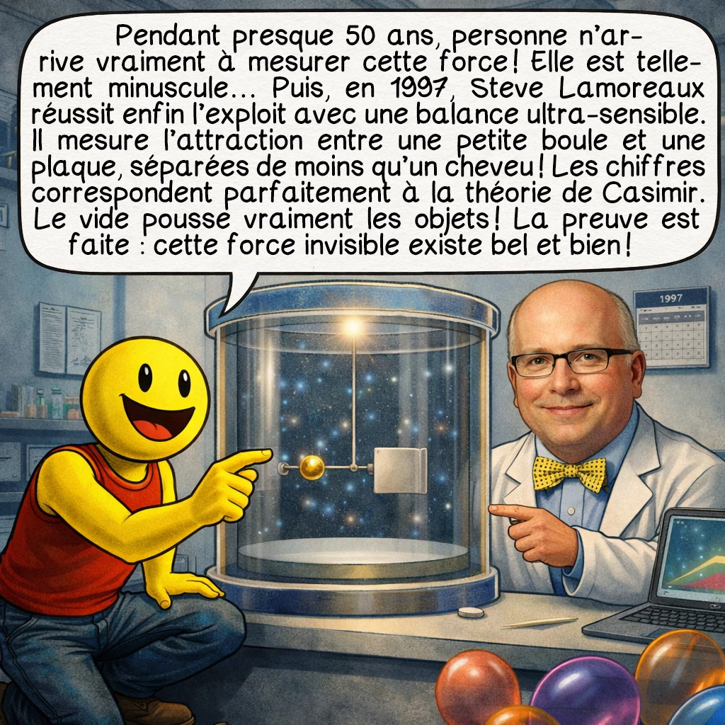 L’effet Casimir, case 4 : Pendant presque 50 ans, personne n’arrive vraiment à mesurer cette force ! Elle est tellement minuscule… Puis, en 1997, Steve Lamoreaux réussit enfin l’exploit avec une balance ultra-sensible. Il mesure l’attraction entre une petite boule et une plaque, séparées de moins qu’un cheveu ! Les chiffres correspondent parfaitement à la théorie de Casimir. Le vide pousse vraiment les objets ! La preuve est faite : cette force invisible existe bel et bien !