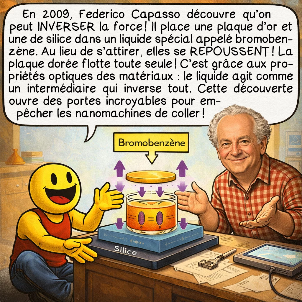 L’effet Casimir, case 5 : En 2009, Federico Capasso découvre qu’on peut INVERSER la force ! Il place une plaque d’or et une de silice dans un liquide spécial appelé bromobenzène. Au lieu de s’attirer, elles se REPOUSSENT ! La plaque dorée flotte toute seule ! C’est grâce aux propriétés optiques des matériaux : le liquide agit comme un intermédiaire qui inverse tout. Cette découverte ouvre des portes incroyables pour empêcher les nanomachines de coller !