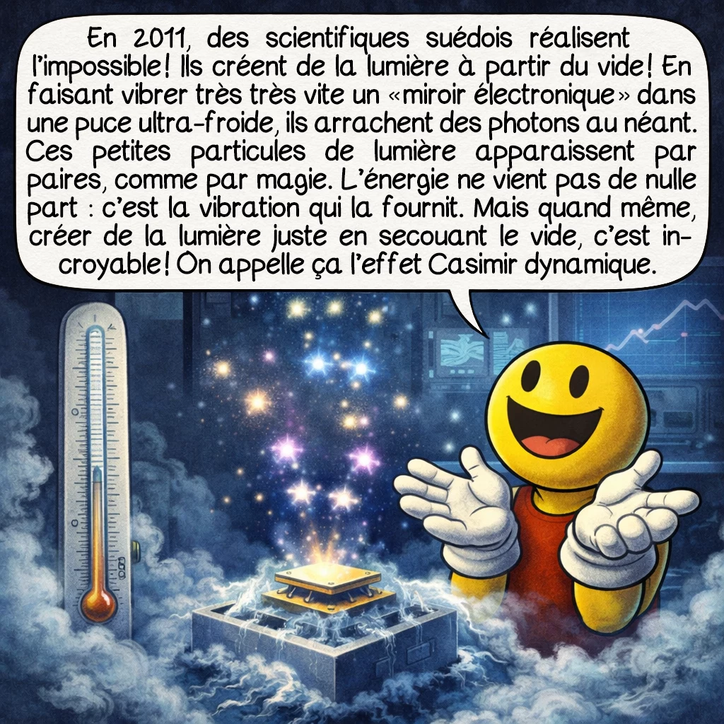 L’effet Casimir, case 6 : En 2011, des scientifiques suédois réalisent l’impossible ! Ils créent de la lumière à partir du vide ! En faisant vibrer très très vite un « miroir électronique » dans une puce ultra-froide, ils arrachent des photons au néant. Ces petites particules de lumière apparaissent par paires, comme par magie. L’énergie ne vient pas de nulle part : c’est la vibration qui la fournit. Mais quand même, créer de la lumière juste en secouant le vide, c’est incroyable ! On appelle ça l’effet Casimir dynamique.
