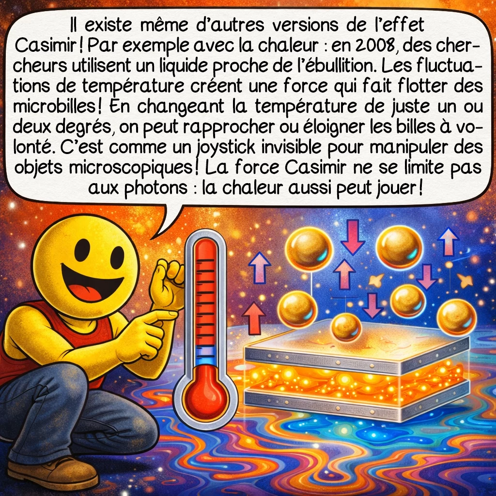 L’effet Casimir, case 7 : Il existe même d’autres versions de l’effet Casimir ! Par exemple avec la chaleur : en 2008, des chercheurs utilisent un liquide proche de l’ébullition. Les fluctuations de température créent une force qui fait flotter des microbilles ! En changeant la température de juste un ou deux degrés, on peut rapprocher ou éloigner les billes à volonté. C’est comme un joystick invisible pour manipuler des objets microscopiques ! La force Casimir ne se limite pas aux photons : la chaleur aussi peut jouer !
