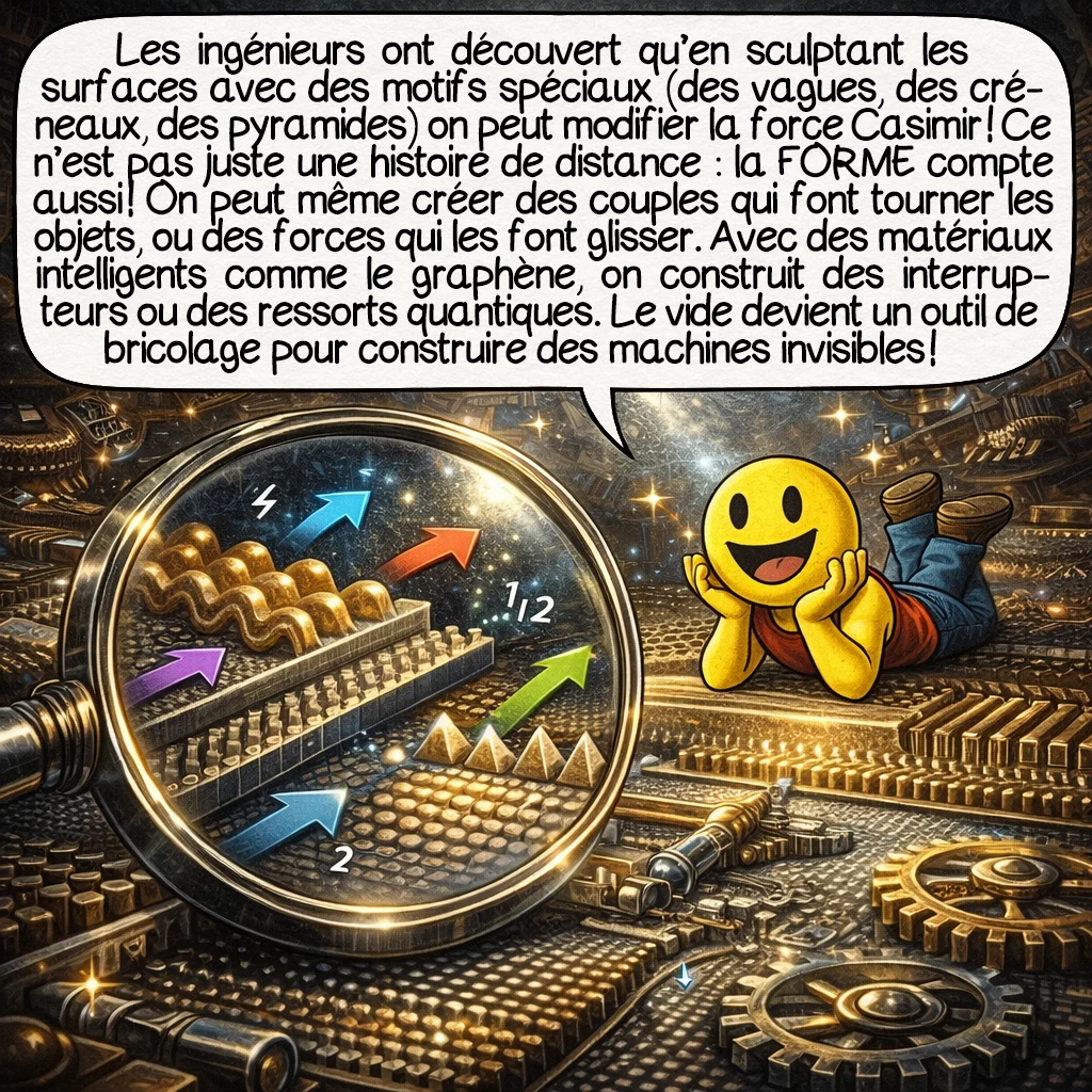 L’effet Casimir, case 8 : Les ingénieurs ont découvert qu’en sculptant les surfaces avec des motifs spéciaux (des vagues, des créneaux, des pyramides) on peut modifier la force Casimir ! Ce n’est pas juste une histoire de distance : la FORME compte aussi ! On peut même créer des couples qui font tourner les objets, ou des forces latérales qui les font glisser. Avec des matériaux intelligents comme le graphène, on construit des interrupteurs ou des ressorts quantiques. Le vide devient un outil de bricolage pour construire des machines invisibles !