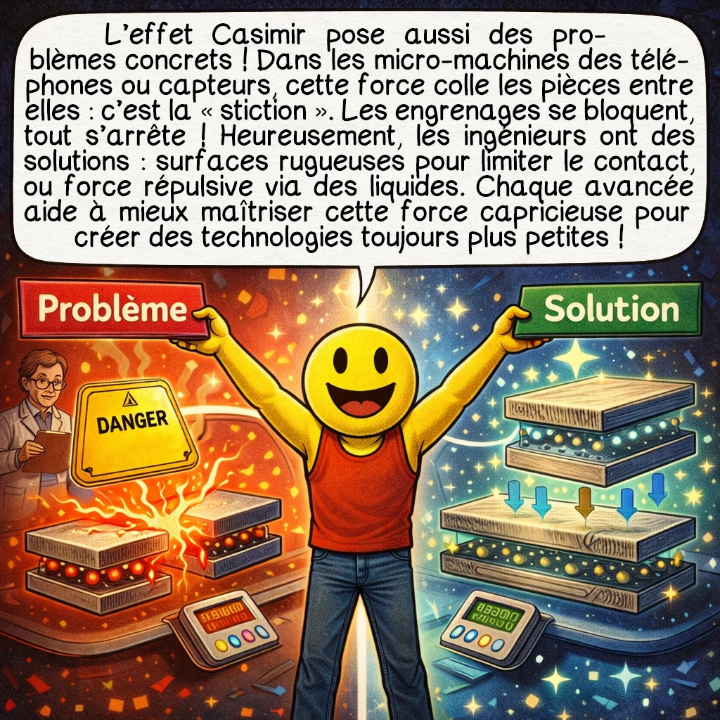L’effet Casimir, case 9 : L’effet Casimir pose aussi des problèmes concrets ! Dans les micro-machines qu’on construit pour les téléphones ou les capteurs, cette force fait coller les pièces entre elles. On appelle ça la « stiction ». Les engrenages se grippent, tout s’arrête ! Heureusement, les ingénieurs ont trouvé des solutions : créer des surfaces rugueuses qui réduisent le contact, ou utiliser la force répulsive avec des liquides. Chaque mesure nous aide à mieux comprendre et contrôler cette force capricieuse pour construire des technologies toujours plus petites !