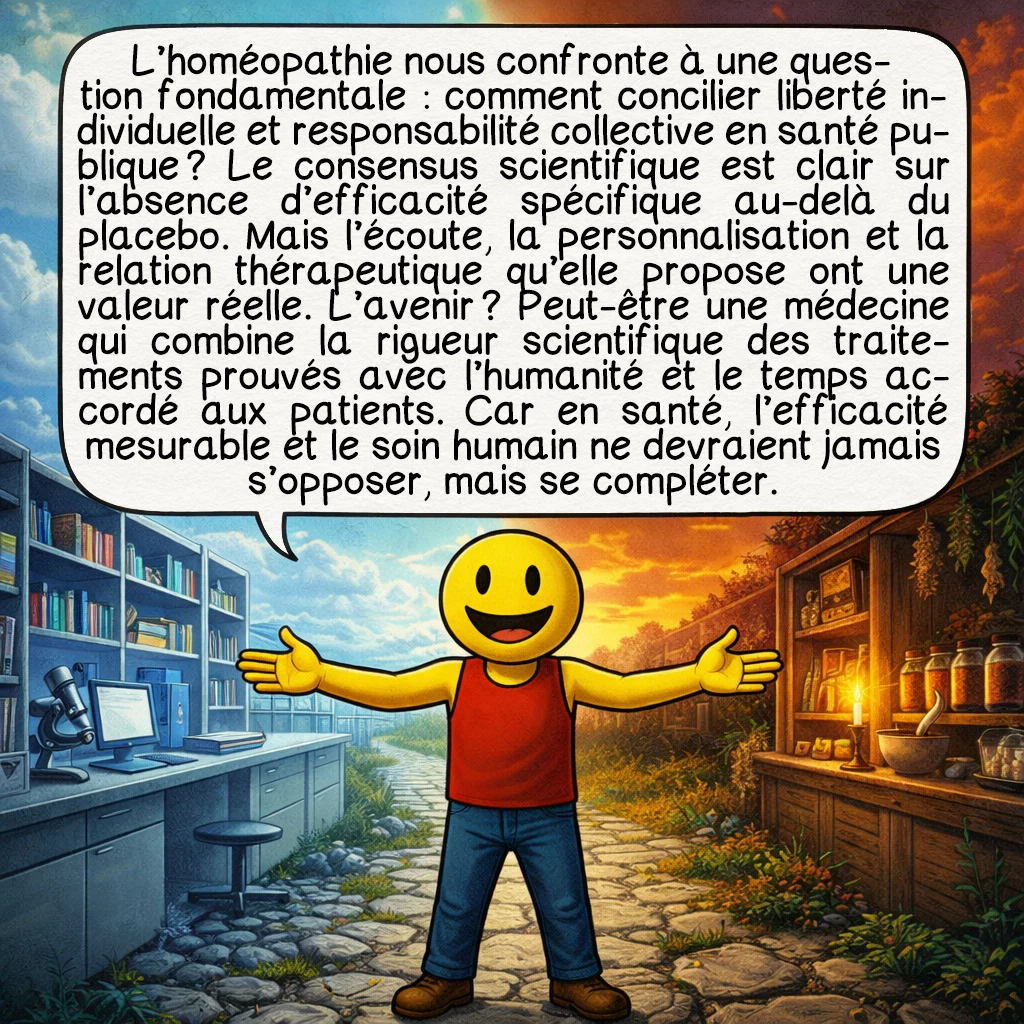 L'homéopathie, case 10 : L’homéopathie nous confronte à une question fondamentale : comment concilier liberté individuelle et responsabilité collective en santé publique ? Le consensus scientifique est clair sur l’absence d’efficacité spécifique au-delà du placebo. Mais l’écoute, la personnalisation et la relation thérapeutique qu’elle propose ont une valeur réelle. L’avenir ? Peut-être une médecine qui combine la rigueur scientifique des traitements prouvés avec l’humanité et le temps accordé aux patients. Car en santé, l’efficacité mesurable et le soin humain ne devraient jamais s’opposer, mais se compléter.