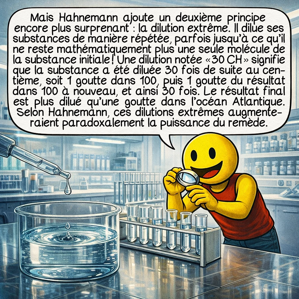 L'homéopathie, case 3 : Mais Hahnemann ajoute un deuxième principe encore plus surprenant : la dilution extrême. Il dilue ses substances de manière répétée, parfois jusqu’à ce qu’il ne reste mathématiquement plus une seule molécule de la substance initiale ! Une dilution notée « 30 CH » signifie que la substance a été diluée 30 fois de suite au centième, soit 1 goutte dans 100, puis 1 goutte du résultat dans 100 à nouveau, et ainsi 30 fois. Le résultat final est plus dilué qu’une goutte dans l’océan Atlantique. Selon Hahnemann, ces dilutions extrêmes augmenteraient paradoxalement la puissance du remède.