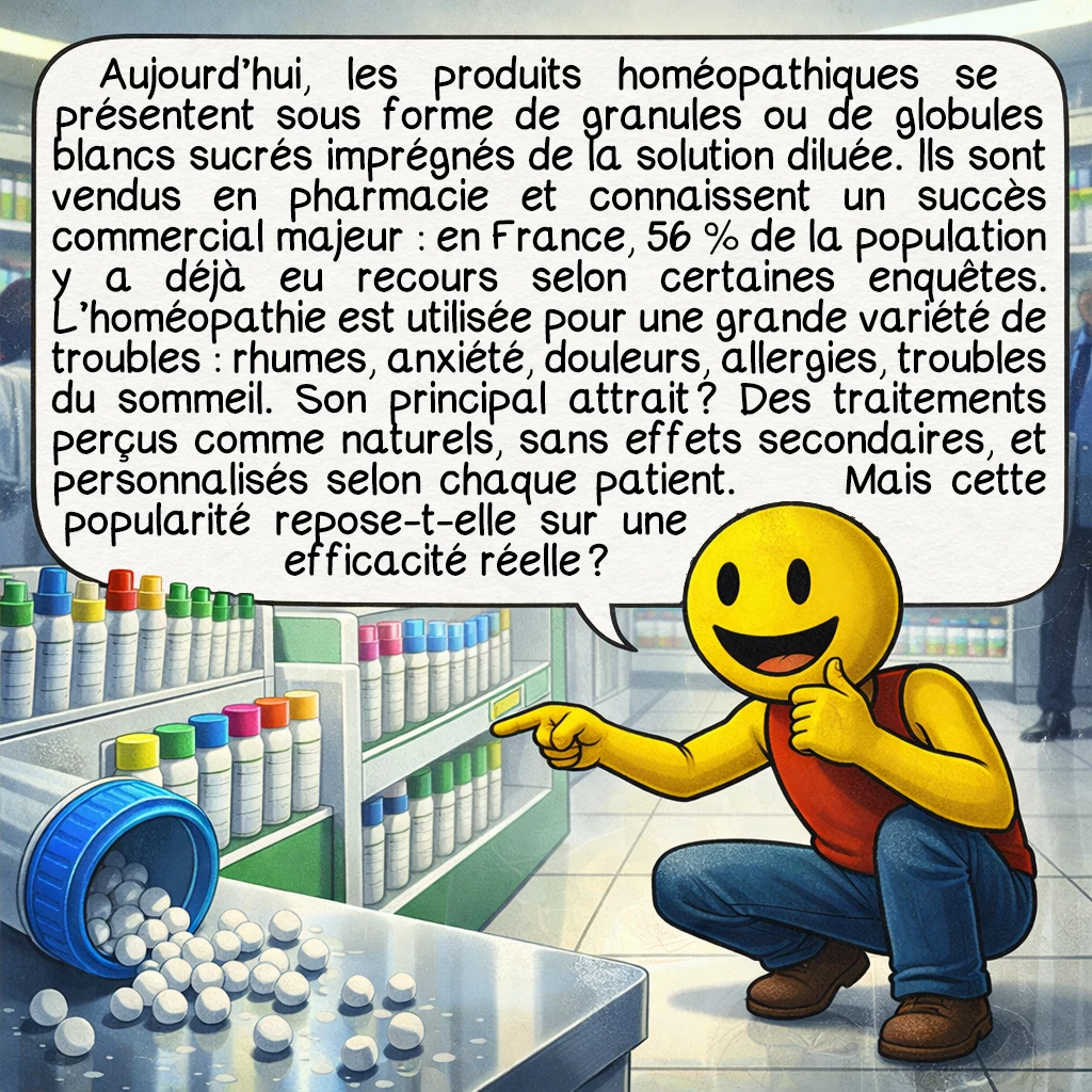 L'homéopathie, case 4 : Aujourd’hui, les produits homéopathiques se présentent sous forme de granules ou de globules blancs sucrés imprégnés de la solution diluée. Ils sont vendus en pharmacie et connaissent un succès commercial majeur : en France, 56 % de la population y a déjà eu recours selon certaines enquêtes. L’homéopathie est utilisée pour une grande variété de troubles : rhumes, anxiété, douleurs, allergies, troubles du sommeil. Son principal attrait ? Des traitements perçus comme naturels, sans effets secondaires, et personnalisés selon chaque patient. Mais cette popularité repose-t-elle sur une efficacité réelle ?