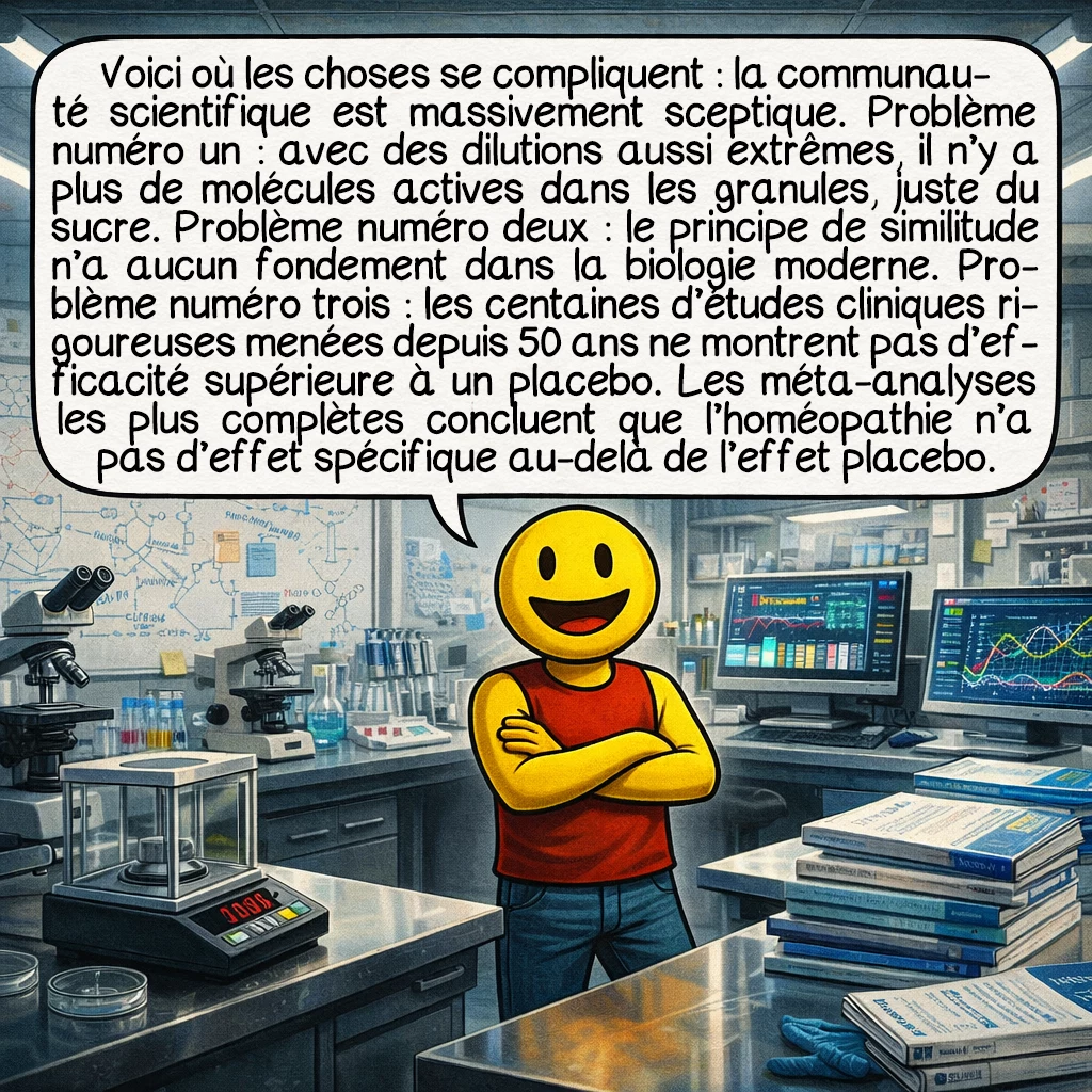 L'homéopathie, case 5 : Voici où les choses se compliquent : la communauté scientifique est massivement sceptique. Problème numéro un : avec des dilutions aussi extrêmes, il n’y a plus de molécules actives dans les granules, juste du sucre. Problème numéro deux : le principe de similitude n’a aucun fondement dans la biologie moderne. Problème numéro trois : les centaines d’études cliniques rigoureuses menées depuis 50 ans ne montrent pas d’efficacité supérieure à un placebo. Les méta-analyses les plus complètes concluent que l’homéopathie n’a pas d’effet spécifique au-delà de l’effet placebo.