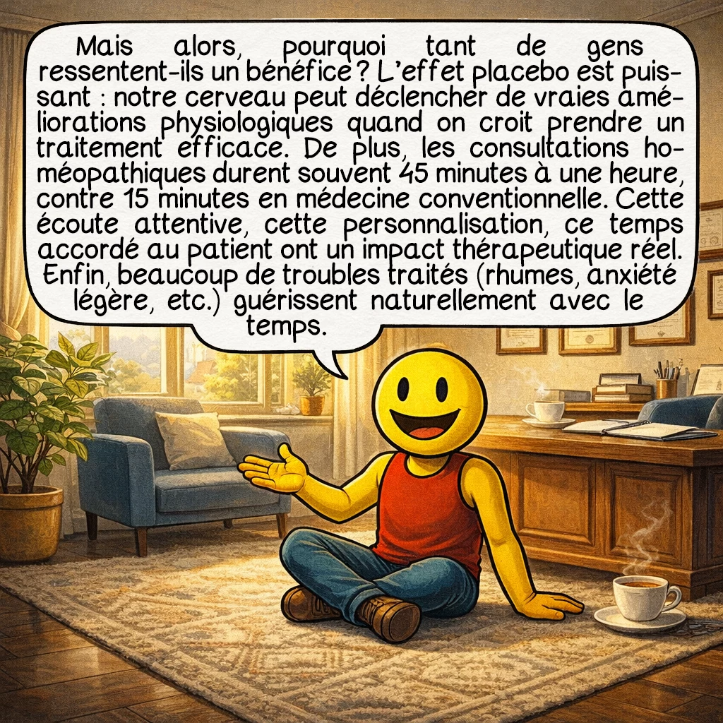 L'homéopathie, case 6 : Mais alors, pourquoi tant de gens ressentent-ils un bénéfice ? L’effet placebo est puissant : notre cerveau peut déclencher de vraies améliorations physiologiques quand on croit prendre un traitement efficace. De plus, les consultations homéopathiques durent souvent 45 minutes à une heure, contre 15 minutes en médecine conventionnelle. Cette écoute attentive, cette personnalisation, ce temps accordé au patient ont un impact thérapeutique réel. Enfin, beaucoup de troubles traités (rhumes, anxiété légère) guérissent naturellement avec le temps.