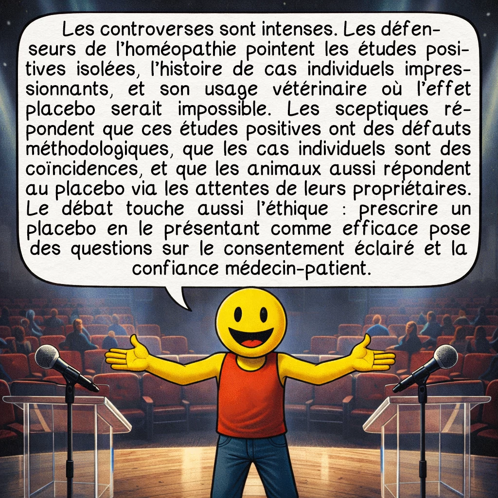 L'homéopathie, case 7 : Les controverses sont intenses. Les défenseurs de l’homéopathie pointent les études positives isolées, l’histoire de cas individuels impressionnants, et son usage vétérinaire où l’effet placebo serait impossible. Les sceptiques répondent que ces études positives ont des défauts méthodologiques, que les cas individuels sont des coïncidences, et que les animaux aussi répondent au placebo via les attentes de leurs propriétaires. Le débat touche aussi l’éthique : prescrire un placebo en le présentant comme efficace pose des questions sur le consentement éclairé et la confiance médecin-patient.