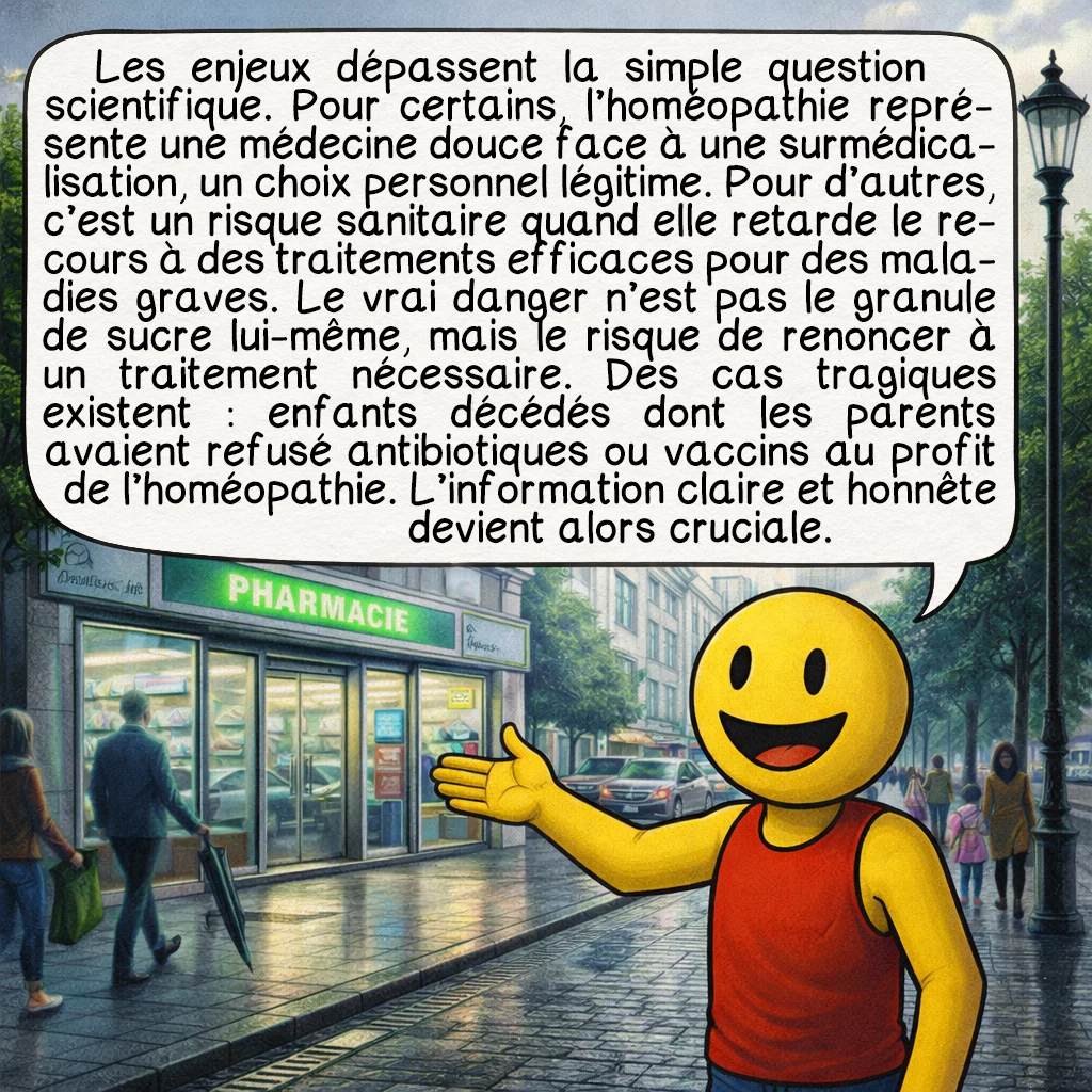 L'homéopathie, case 9 : Les enjeux dépassent la simple question scientifique. Pour certains, l’homéopathie représente une médecine douce face à une surmédicalisation, un choix personnel légitime. Pour d’autres, c’est un risque sanitaire quand elle retarde le recours à des traitements efficaces pour des maladies graves. Le vrai danger n’est pas le granule de sucre lui-même, mais le risque de renoncer à un traitement nécessaire. Des cas tragiques existent : enfants décédés dont les parents avaient refusé antibiotiques ou vaccins au profit de l’homéopathie. L’information claire et honnête devient alors cruciale.