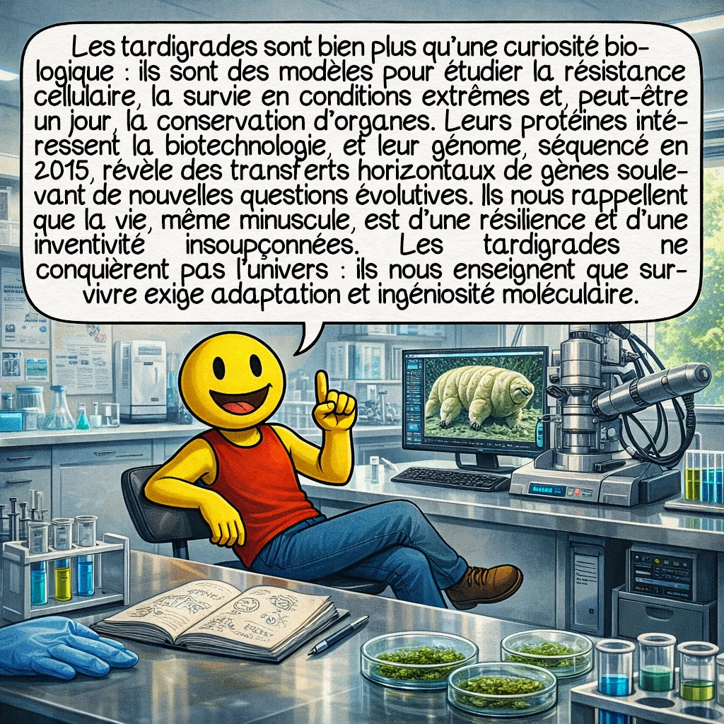 Le tardigrade, case 10 : Les tardigrades sont bien plus qu’une curiosité biologique : ils sont des modèles d’étude pour comprendre la résistance cellulaire, la préservation de tissus, la survie dans des conditions extrêmes, et peut-être un jour, la conservation d’organes pour transplantation. Leurs protéines protectrices intéressent la biotechnologie. Leur génome, séquencé en 2015, révèle des transferts horizontaux de gènes provenant d’autres organismes, soulevant de nouvelles questions évolutives. Ils nous rappellent que la vie, même minuscule, est infiniment plus résiliente et inventive que nous l’imaginions. Les tardigrades ne conquièrent pas l’univers : ils nous enseignent humblement que la survie nécessite adaptation, patience, et une remarquable ingéniosité moléculaire.