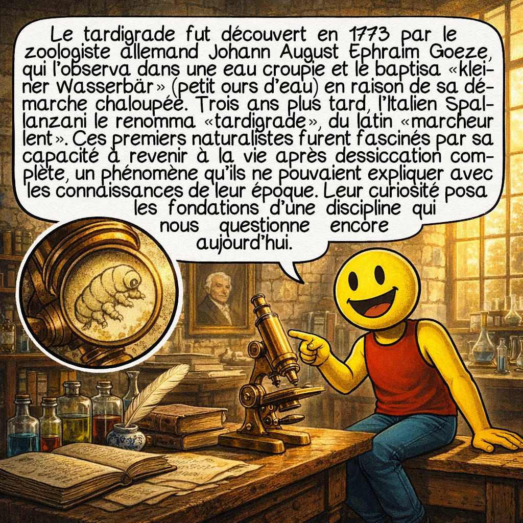 Le tardigrade, case 2 : Le tardigrade fut découvert en 1773 par le zoologiste allemand Johann August Ephraim Goeze, qui l’observa dans l’eau d’une gouttière et le baptisa « kleiner Wasserbär » — petit ours d’eau — en raison de sa démarche chaloupée. Trois ans plus tard, l’Italien Lazzaro Spallanzani le renomma « tardigrade », du latin « tardus » (lent) et « gradior » (marcher). Ces premiers naturalistes furent fascinés par sa capacité à revenir à la vie après dessiccation complète, un phénomène qu’ils ne pouvaient expliquer avec les connaissances de leur époque. Leur curiosité posa les fondations d’une discipline qui nous questionne encore aujourd’hui.