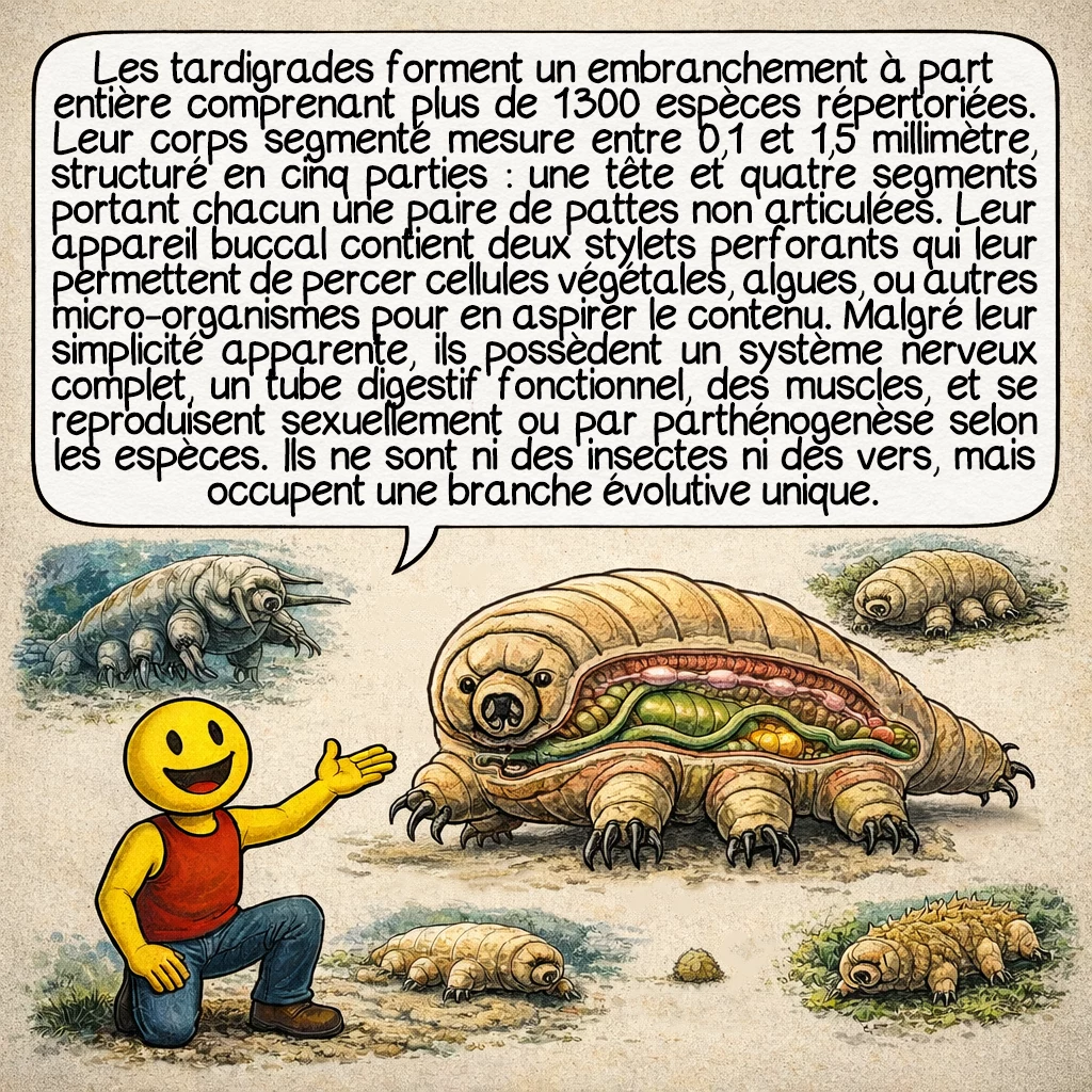 Le tardigrade, case 3 : Les tardigrades forment un embranchement à part entière — les Tardigrada — comprenant plus de 1 300 espèces répertoriées. Leur corps segmenté mesure entre 0,1 et 1,5 millimètre, structuré en cinq parties : une tête et quatre segments portant chacun une paire de pattes non articulées. Leur appareil buccal contient deux stylets perforants qui leur permettent de percer cellules végétales, algues, ou autres micro-organismes pour en aspirer le contenu. Malgré leur simplicité apparente, ils possèdent un système nerveux complet, un tube digestif fonctionnel, des muscles, et se reproduisent sexuellement ou par parthénogenèse selon les espèces. Ils ne sont ni des insectes ni des vers, mais occupent une branche évolutive unique.