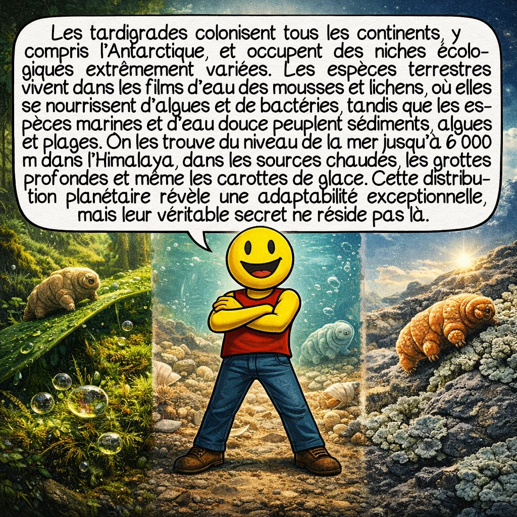 Le tardigrade, case 4 : Les tardigrades colonisent tous les continents, y compris l’Antarctique, et occupent des niches écologiques extrêmement variées. Les espèces terrestres vivent dans les films d’eau entourant mousses et lichens, où elles se nourrissent d’algues et de bactéries. Les espèces marines et d’eau douce peuplent les sédiments, les algues, les plages. On en trouve du niveau de la mer jusqu’à 6 000 mètres d’altitude dans l’Himalaya, dans les sources chaudes, les grottes profondes, même dans les carottes de glace. Cette distribution planétaire témoigne d’une adaptabilité remarquable qui dépasse largement celle de la plupart des organismes complexes. Mais leur véritable secret ne réside pas dans cette présence ubiquitaire.