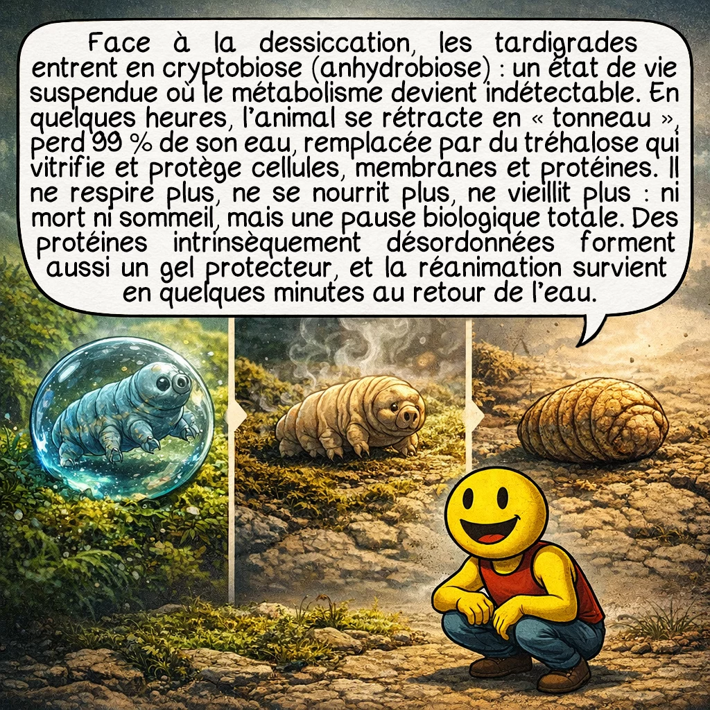 Le tardigrade, case 5 : Face à la dessiccation, les tardigrades entrent en cryptobiose, plus précisément en anhydrobiose — un état de vie suspendue où le métabolisme devient indétectable. En quelques heures, l’animal se rétracte en forme de tonneau appelé « tun », expulse 99 % de son eau corporelle et la remplace par du tréhalose, un sucre qui vitrifie ses cellules et protège les membranes et protéines. Dans cet état, il ne respire plus, ne se nourrit plus, ne vieillit plus. Ce n’est ni de la mort ni du sommeil : c’est une pause biologique complète. Les mécanismes moléculaires impliquent aussi des protéines intrinsèquement désordonnées, découvertes récemment, qui forment un gel protecteur. La réanimation survient en quelques minutes une fois l’eau revenue.
