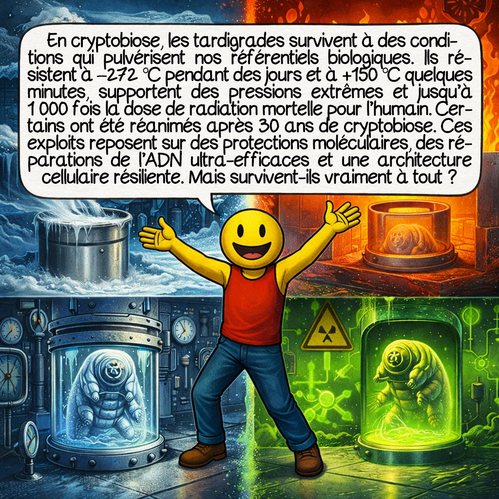 Le tardigrade, case 6 : En cryptobiose, les tardigrades survivent à des conditions qui pulvérisent nos référentiels biologiques. Ils résistent à -272 °C (proche du zéro absolu) pendant des jours et à +150 °C pendant quelques minutes. Ils tolèrent des pressions 6 fois supérieures à celles des fosses océaniques les plus profondes, et jusqu’à 1 000 fois la dose de radiation mortelle pour l’humain. Des spécimens ont été réanimés après 30 ans de cryptobiose en laboratoire, et possiblement plusieurs décennies dans la nature. Ces performances ne sont pas magiques : elles résultent de protections moléculaires spécifiques, de réparations ADN ultra-efficaces, et d’une architecture cellulaire résiliente. Mais survivent-ils vraiment à tout ?