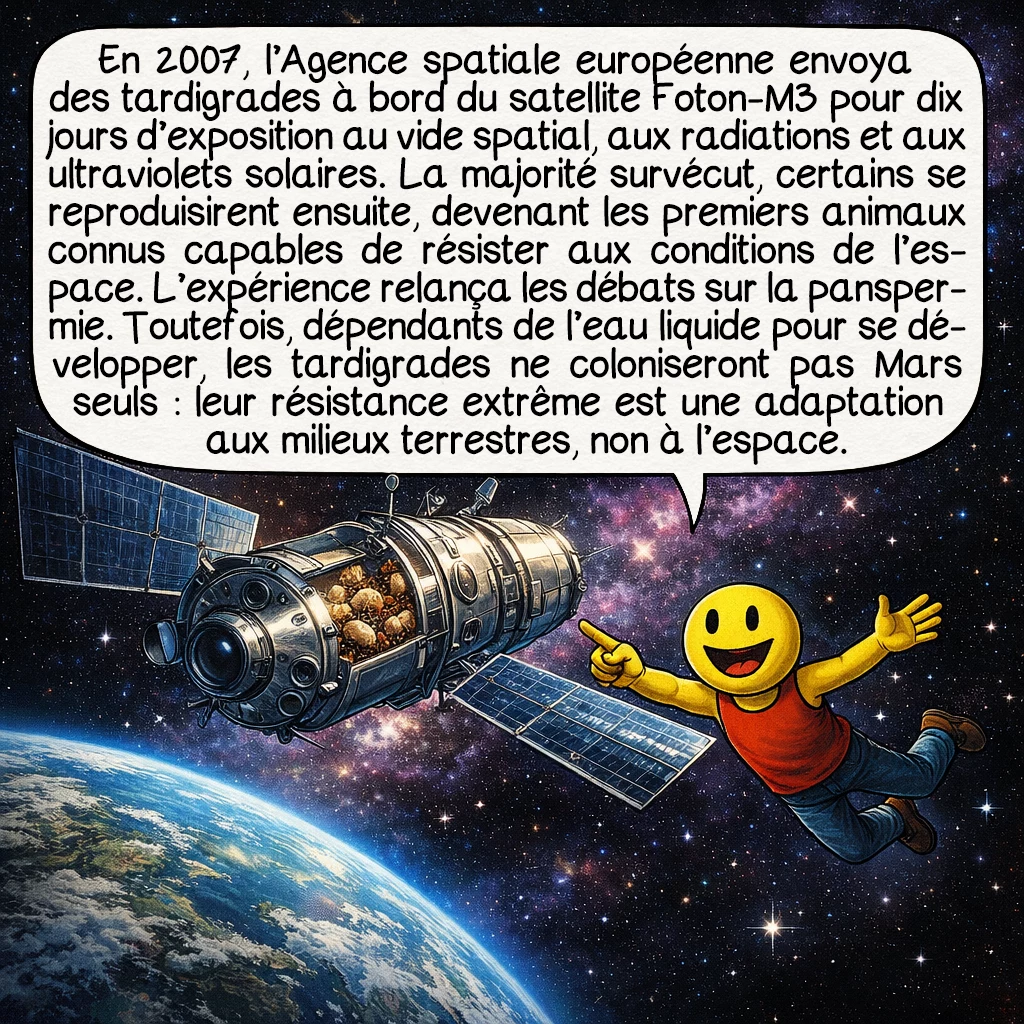 Le tardigrade, case 7 : En septembre 2007, l’Agence Spatiale européenne envoya des tardigrades à bord du satellite Foton-M3 pour une exposition de 10 jours au vide spatial, aux radiations cosmiques non filtrées et aux ultraviolets solaires directs. Résultat : la majorité survécut et certains se reproduisirent ensuite normalement. Ils sont les premiers animaux connus à avoir résisté aux conditions de l’espace. Cette expérience relança les débats sur la panspermie — l’hypothèse que la vie pourrait voyager entre planètes. Toutefois, les tardigrades nécessitent de l’eau liquide pour se développer et se reproduire : ils ne coloniseront pas Mars seuls. Leur résistance extrême est une conséquence évolutive de leur adaptation aux milieux terrestres intermittents, pas une adaptation à l’espace.