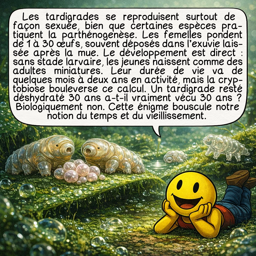 Le tardigrade, case 8 : Les tardigrades se reproduisent généralement de manière sexuée, bien que certaines espèces pratiquent la parthénogenèse. Les femelles pondent entre 1 et 30 œufs, souvent déposés dans l’exuvie (mue) qu’elles abandonnent lors de leur croissance. Le développement est direct : aucun stade larvaire, les jeunes émergent comme des adultes miniatures. Leur durée de vie varie de quelques mois à deux ans en conditions actives, mais la cryptobiose fausse radicalement ce calcul. Un tardigrade ayant passé 30 ans déshydraté a-t-il vécu 30 ans ? Biologiquement non, puisqu’il n’a pas métabolisé. Cette question trouble notre définition même du vieillissement et de la longévité. Les tardigrades défient nos catégories temporelles.