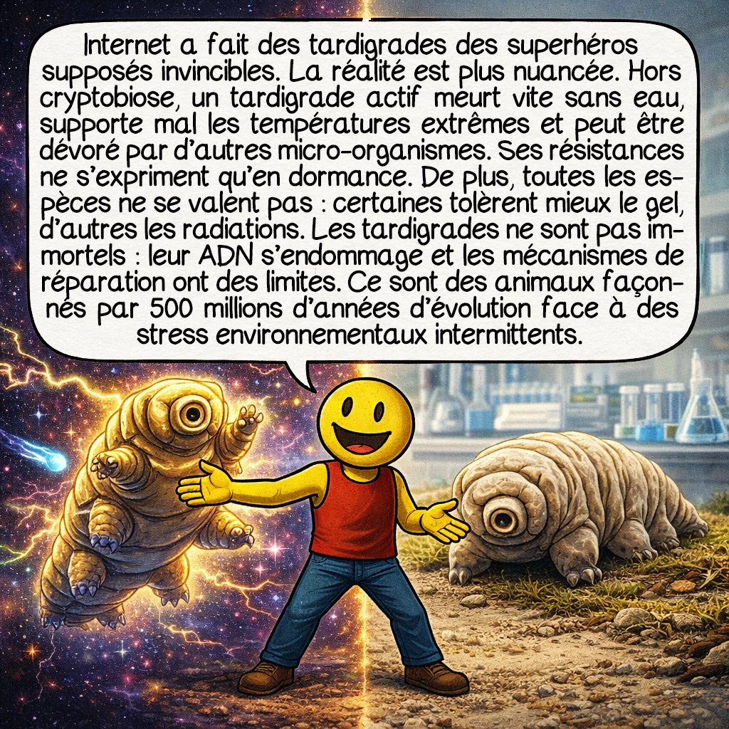 Le tardigrade, case 9 : Internet a transformé les tardigrades en superhéros invincibles, survivant à n’importe quoi, n’importe où. La réalité est plus nuancée. Hors cryptobiose, un tardigrade actif meurt rapidement sans eau, supporte mal la chaleur ou le froid, et peut être dévoré par d’autres micro-organismes. Ses résistances extrêmes ne s’activent qu’en état de dormance. De plus, toutes les espèces ne résistent pas également : certaines tolèrent mieux le gel, d’autres les radiations. Les tardigrades ne sont pas immortels, leur ADN accumule des dommages, et les mécanismes de réparation ont des limites. Ce ne sont pas des extraterrestres, mais des animaux façonnés par 500 millions d’années d’évolution face aux stress environnementaux intermittents.