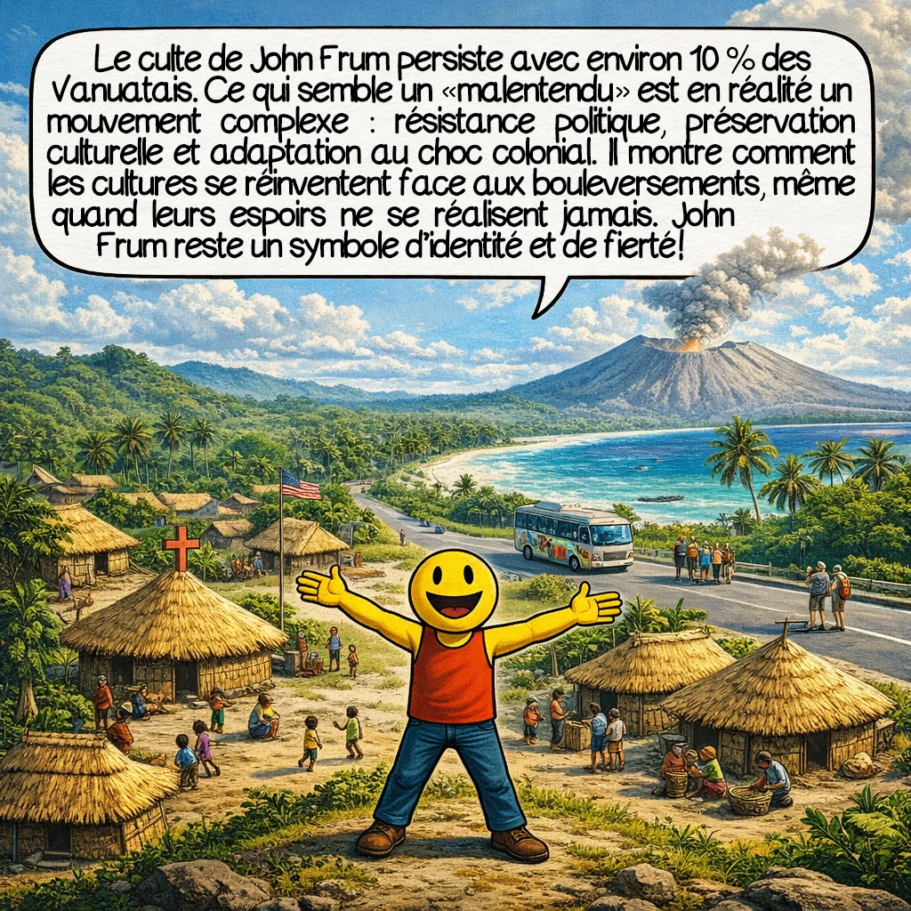 Le culte de John Frum, case 10 : Le culte de John Frum persiste avec environ 10 % des Vanuatais. Ce qui semble un « malentendu » est en réalité un mouvement complexe : résistance politique, préservation culturelle et adaptation au choc colonial. Il montre comment les cultures se réinventent face aux bouleversements, même quand leurs espoirs ne se réalisent jamais. John Frum reste un symbole d’identité et de fierté !