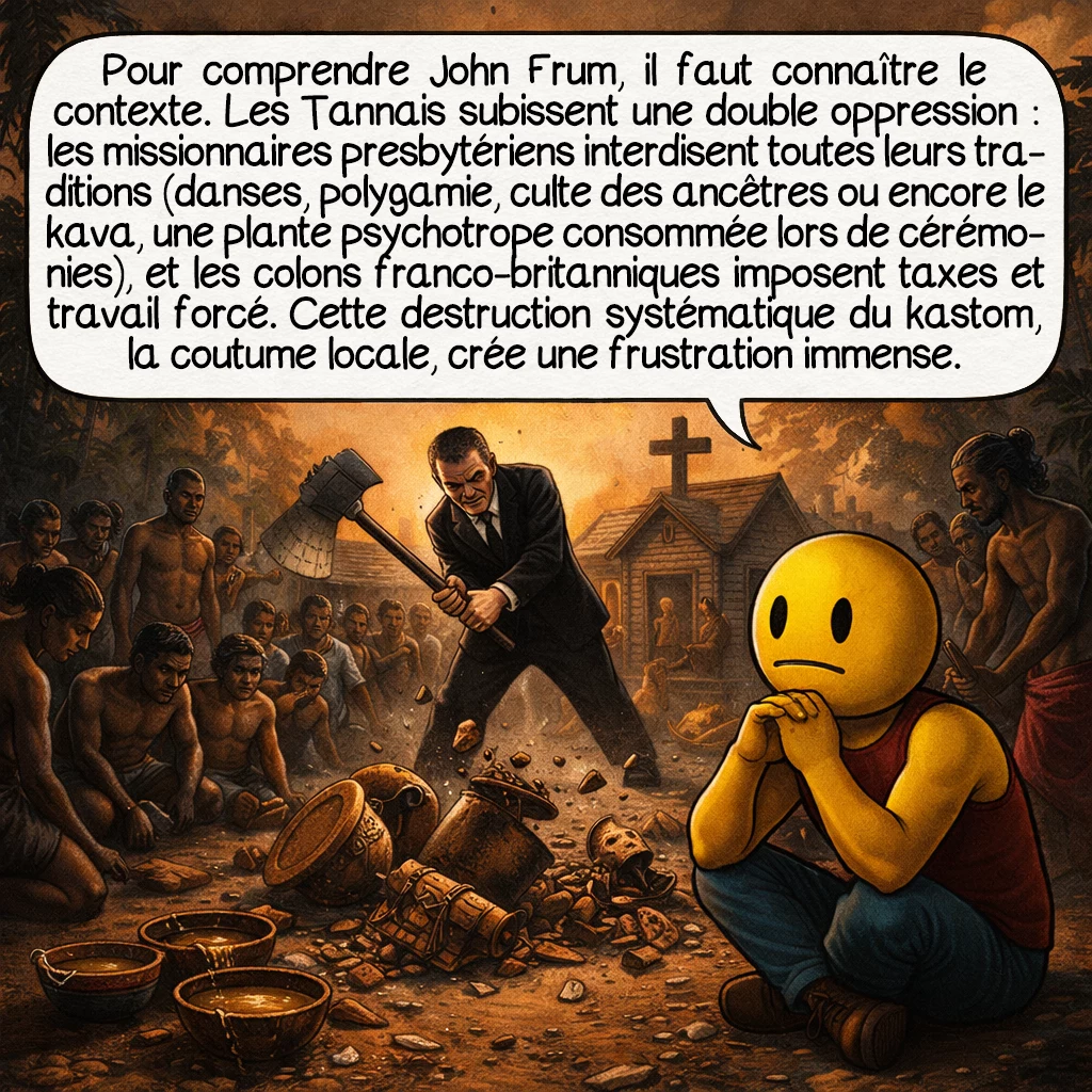 Le culte de John Frum, case 2 : Pour comprendre John Frum, il faut connaître le contexte. Les Tannais subissent une double oppression : les missionnaires presbytériens interdisent toutes leurs traditions (danses, polygamie, culte des ancêtres ou encore le kava, une plante psychotrope consommée lors de cérémonies), et les colons franco-britanniques imposent taxes et travail forcé. Cette destruction systématique du kastom, la coutume locale, crée une frustration immense.