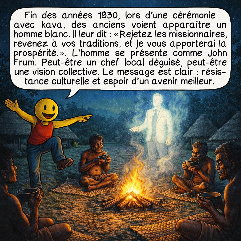 Le culte de John Frum, case 3 : Fin des années 1930, lors d’une cérémonie avec kava, des anciens voient apparaître un homme blanc. Il leur dit : « Rejetez les missionnaires, revenez à vos traditions, et je vous apporterai la prospérité. » L’homme se présente comme John Frum. Peut-être un chef local déguisé, peut-être une vision collective. Le message est clair : résistance culturelle et espoir d’un avenir meilleur.