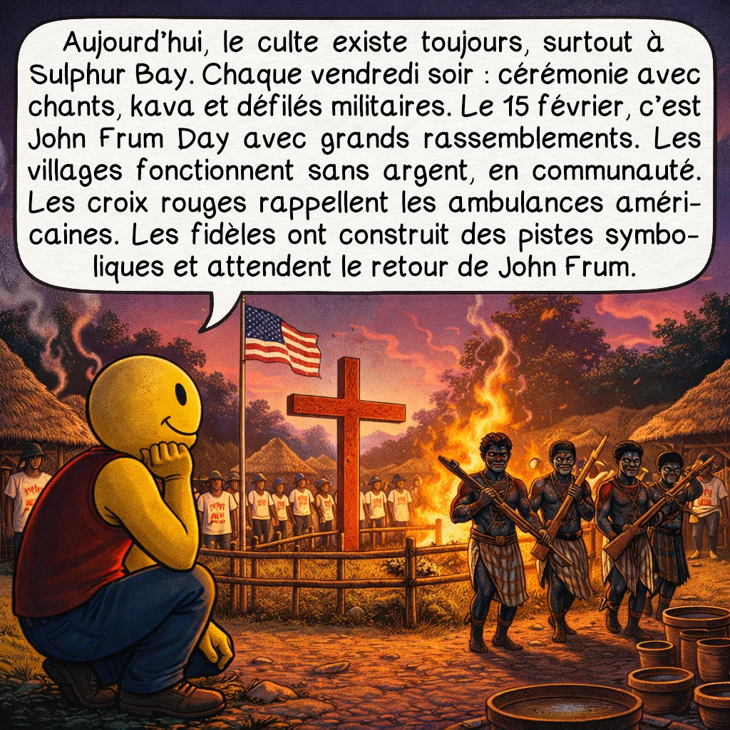 Le culte de John Frum, case 6 : Aujourd’hui, le culte existe toujours, surtout à Sulphur Bay. Chaque vendredi soir : cérémonie avec chants, kava et défilés militaires. Le 15 février, c’est John Frum Day avec grands rassemblements. Les villages fonctionnent sans argent, en communauté. Les croix rouges rappellent les ambulances américaines. Les fidèles ont construit des pistes symboliques et attendent le retour de John Frum.