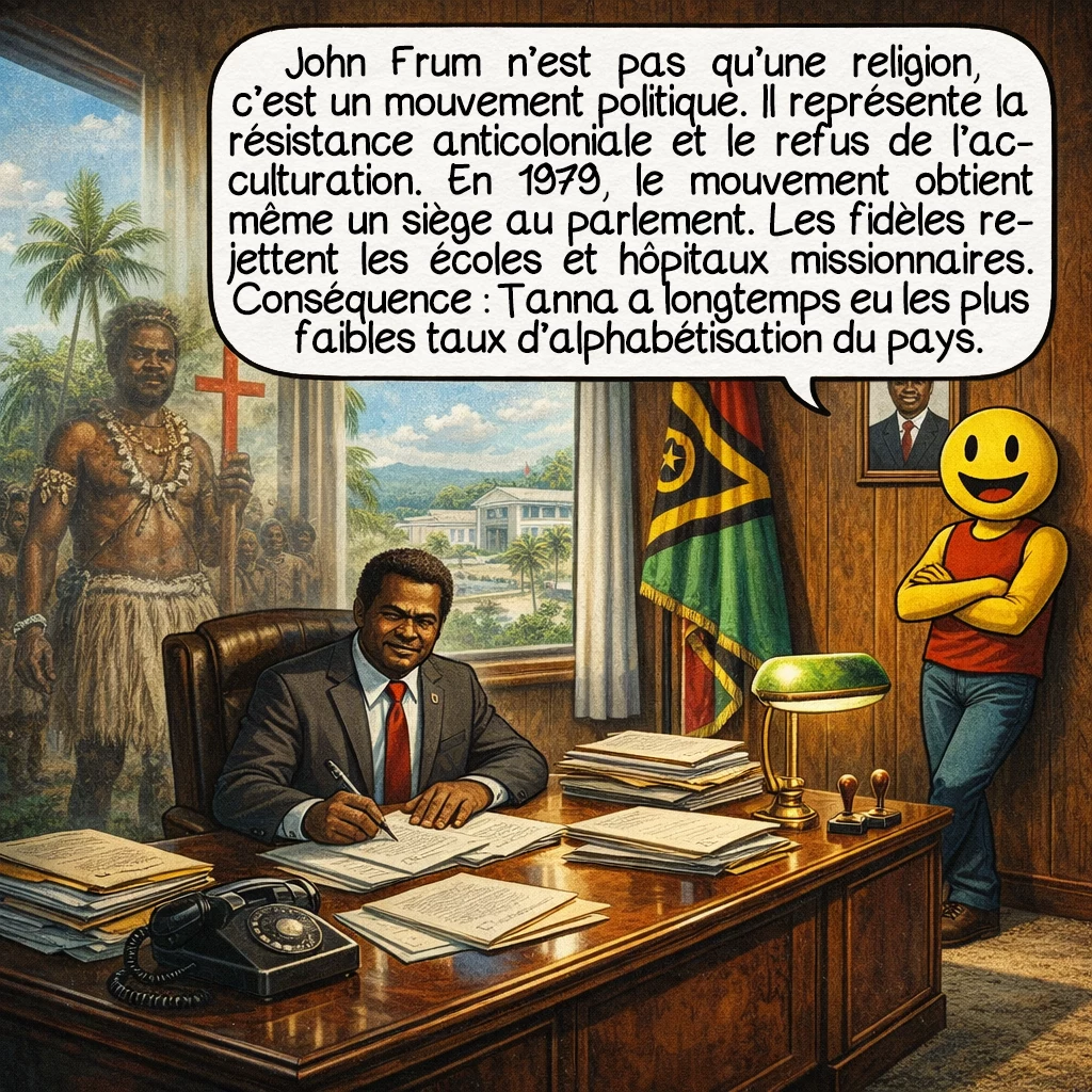 Le culte de John Frum, case 7 : John Frum n’est pas qu’une religion, c’est un mouvement politique. Il représente la résistance anticoloniale et le refus de l’acculturation. En 1979, le mouvement obtient même un siège au parlement. Les fidèles rejettent les écoles et hôpitaux missionnaires. Conséquence : Tanna a longtemps eu les plus faibles taux d’alphabétisation du pays.