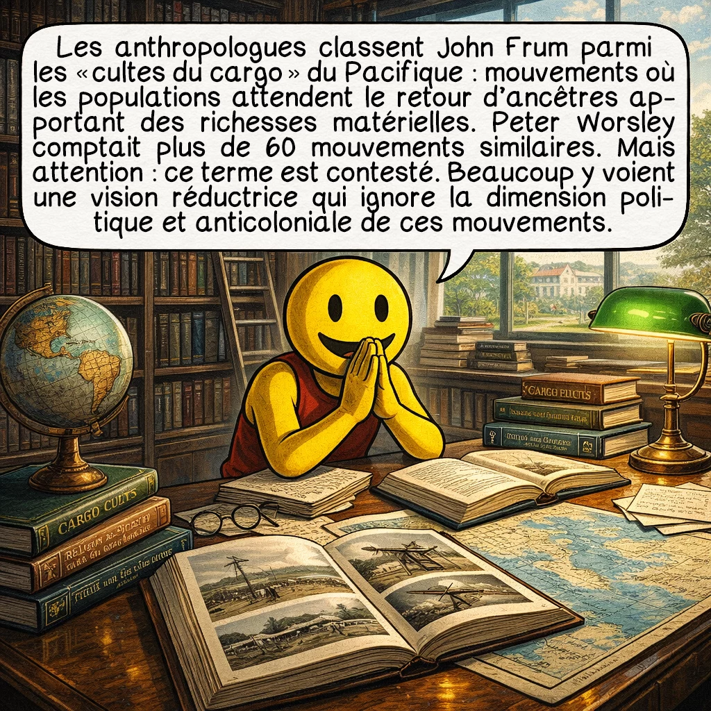 Le culte de John Frum, case 8 : Les anthropologues classent John Frum parmi les « cultes du cargo » du Pacifique : mouvements où les populations attendent le retour d’ancêtres apportant des richesses matérielles. Peter Worsley comptait plus de 60 mouvements similaires. Mais attention : ce terme est contesté. Beaucoup y voient une vision réductrice qui ignore la dimension politique et anticoloniale de ces mouvements.