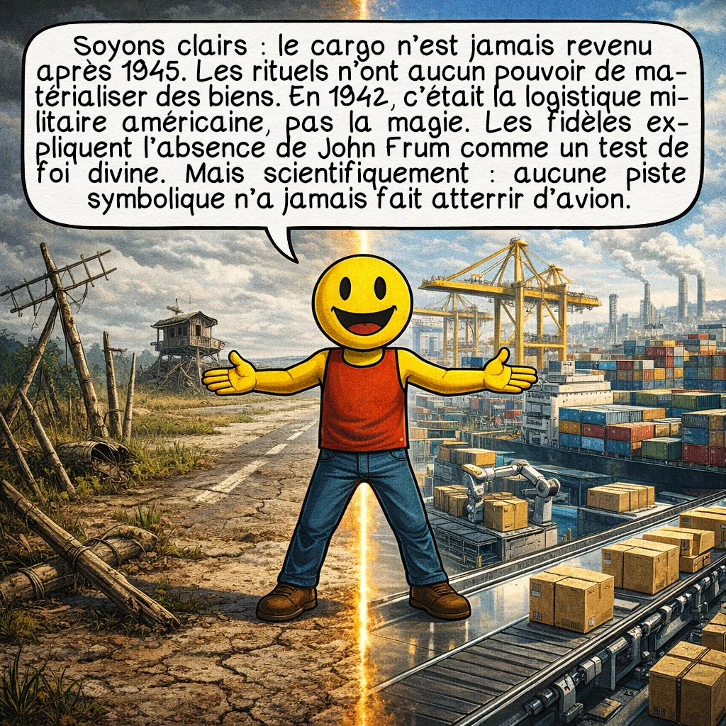 Le culte de John Frum, case 9 : Soyons clairs : le cargo n’est jamais revenu après 1945. Les rituels n’ont aucun pouvoir de matérialiser des biens. En 1942, c’était la logistique militaire américaine, pas la magie. Les fidèles expliquent l’absence de John Frum comme un test de foi divine. Mais scientifiquement : aucune piste symbolique n’a jamais fait atterrir d’avion.