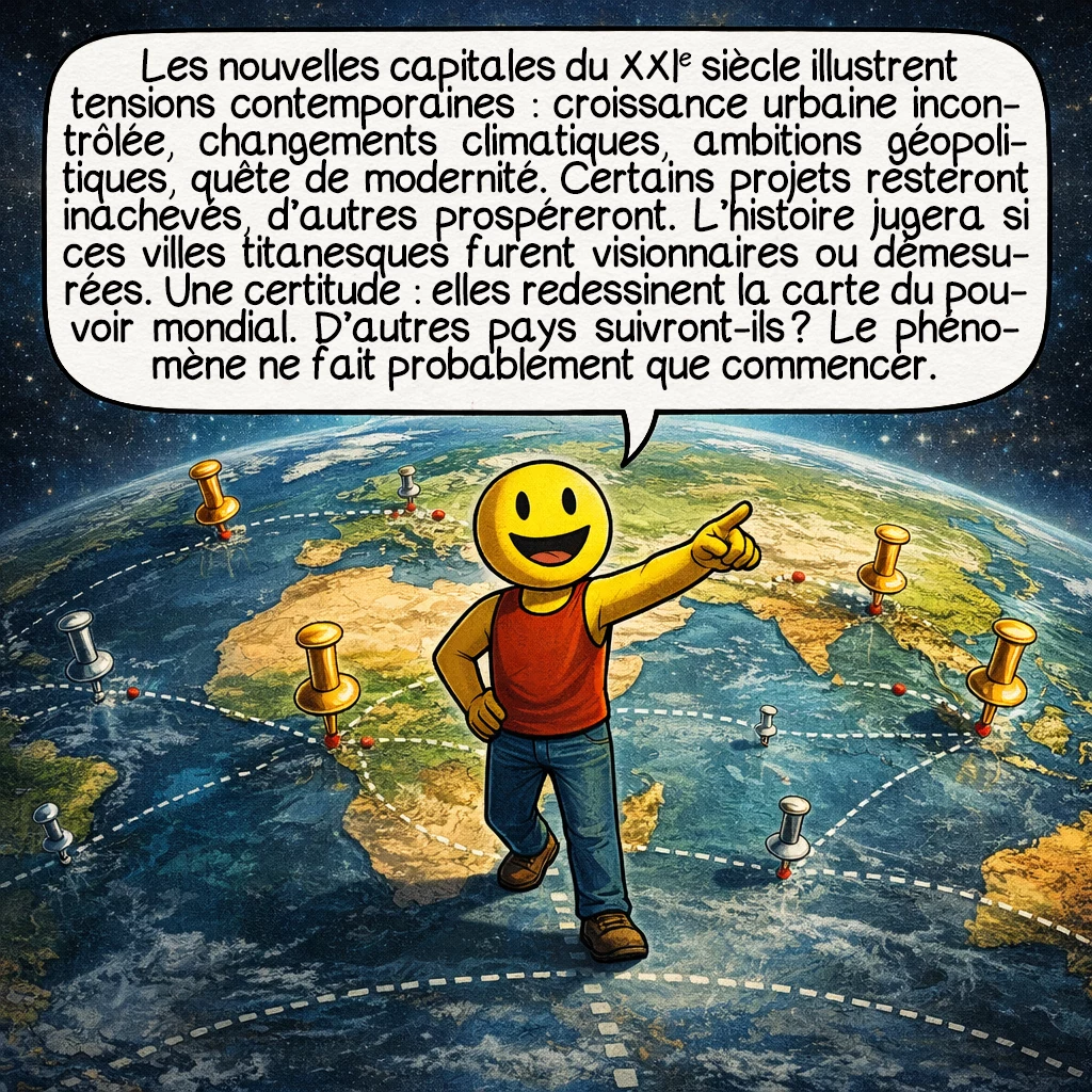 Les nouvelles capitales, case 10 : Les nouvelles capitales du XXIe siècle illustrent tensions contemporaines : croissance urbaine incontrôlée, changements climatiques, ambitions géopolitiques, quête de modernité. Certains projets resteront inachevés, d’autres prospéreront. L’histoire jugera si ces villes titanesques furent visionnaires ou démesurées. Une certitude : elles redessinent la carte du pouvoir mondial. D’autres pays suivront-ils ? Le phénomène ne fait probablement que commencer.